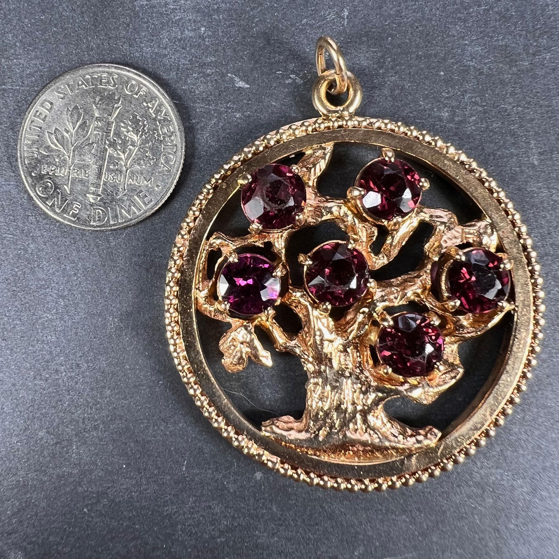 Large Yellow Gold Red Garnet Tree of Life Medallion Charm Pendant 7
