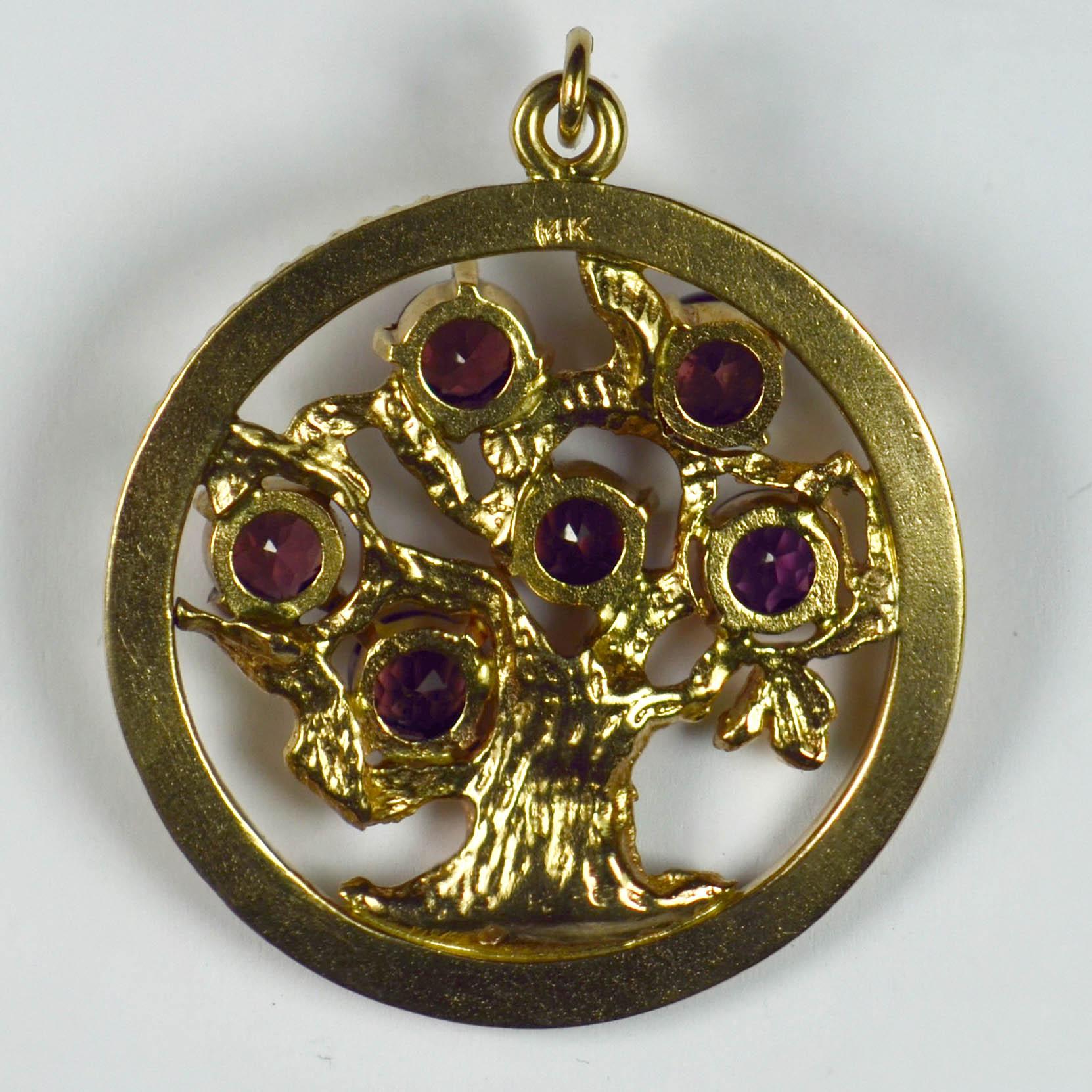 Round Cut Large Yellow Gold Red Garnet Tree of Life Medallion Charm Pendant For Sale