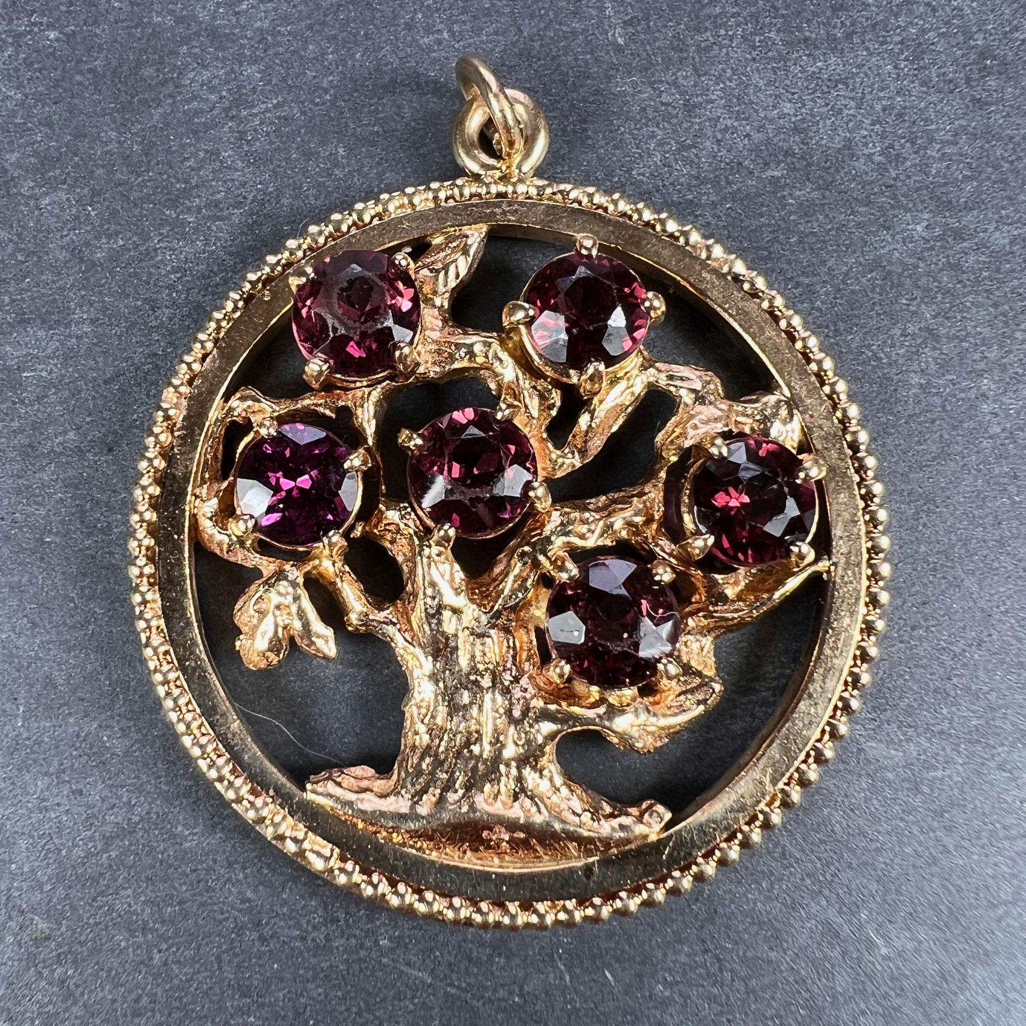 Women's Large Yellow Gold Red Garnet Tree of Life Medallion Charm Pendant For Sale