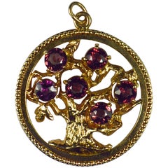 Vintage Large Yellow Gold Red Garnet Tree of Life Medallion Charm Pendant