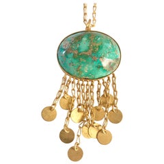 Large Yellow Gold Satin Finish Turquoise Pendant Chain Necklace