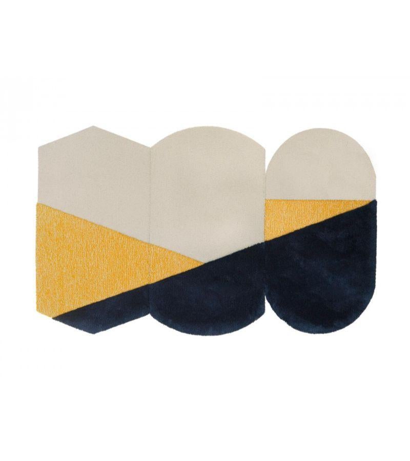 Large Yellow gray oci rug Triptych by Seraina Lareida.
Dimensions: W 450 x H 280 cm.
Materials: 100% New Zeland top-quality wool. 
Available in sizes small and medium. Also available in colors: Brick brown, green/brick, bordeaux/ecru, blue/brick.