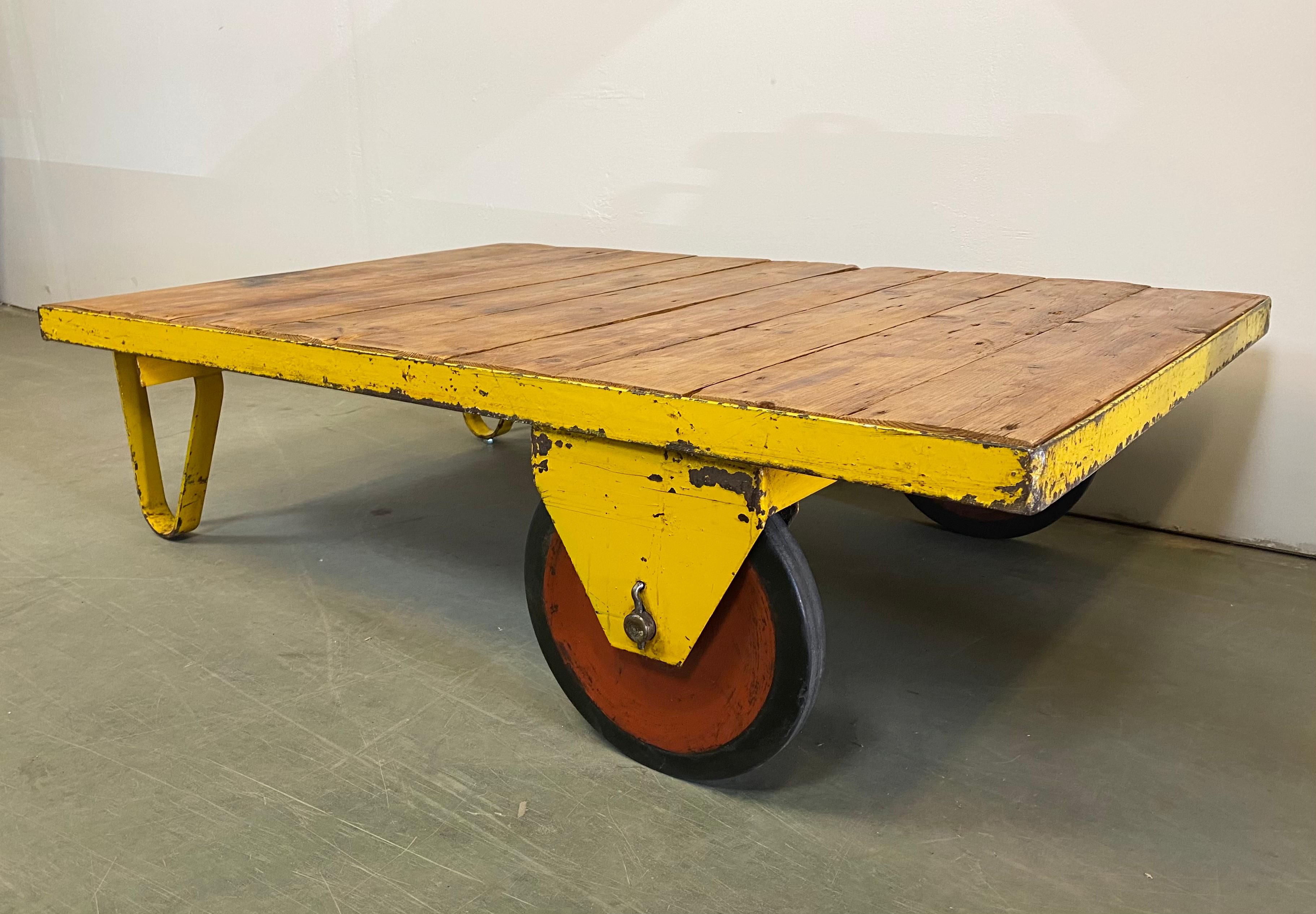 Czech Large Yellow Industrial Coffee Table Cart, 1960s