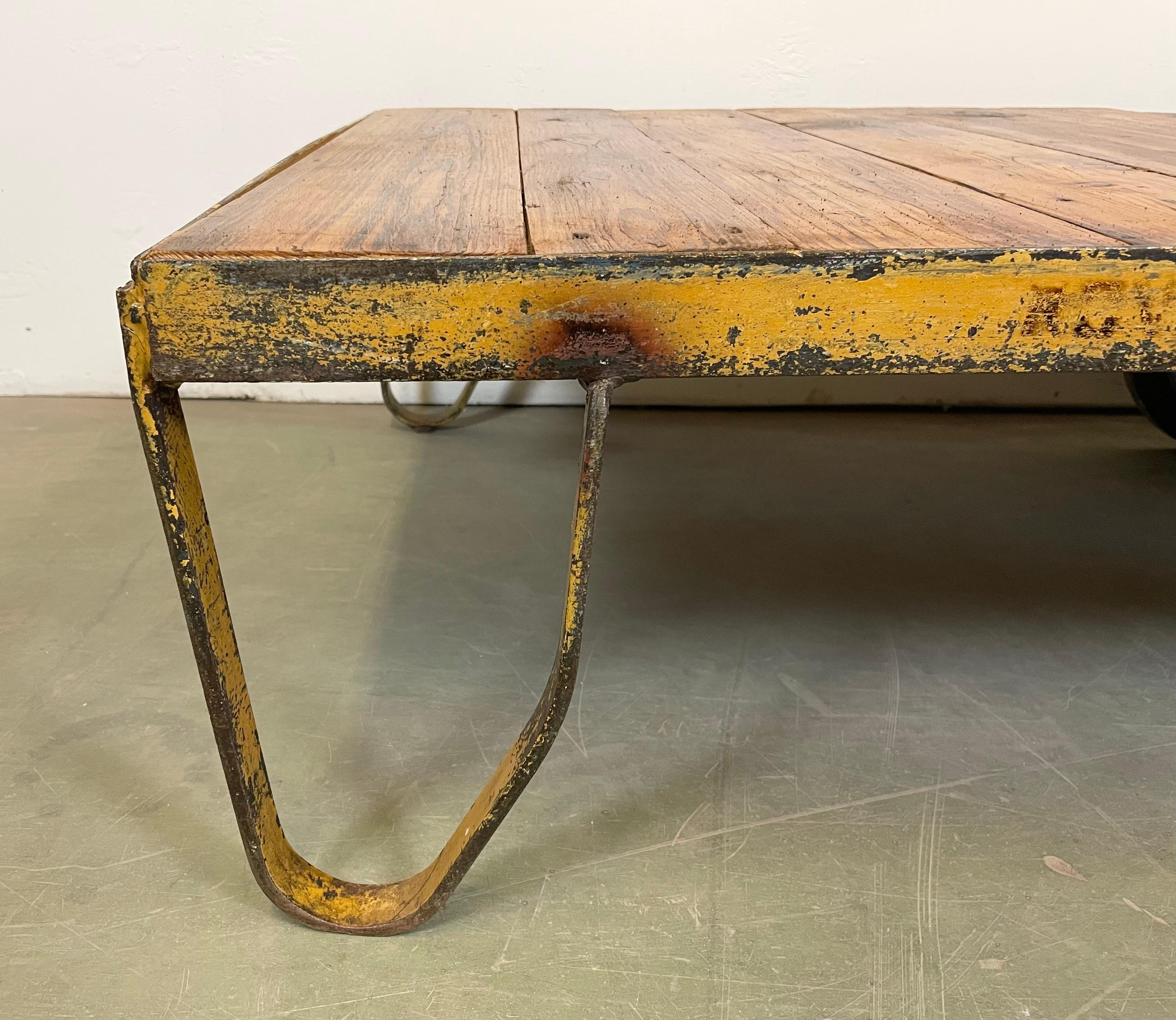 Czech Large Yellow Industrial Coffee Table Cart, 1960s