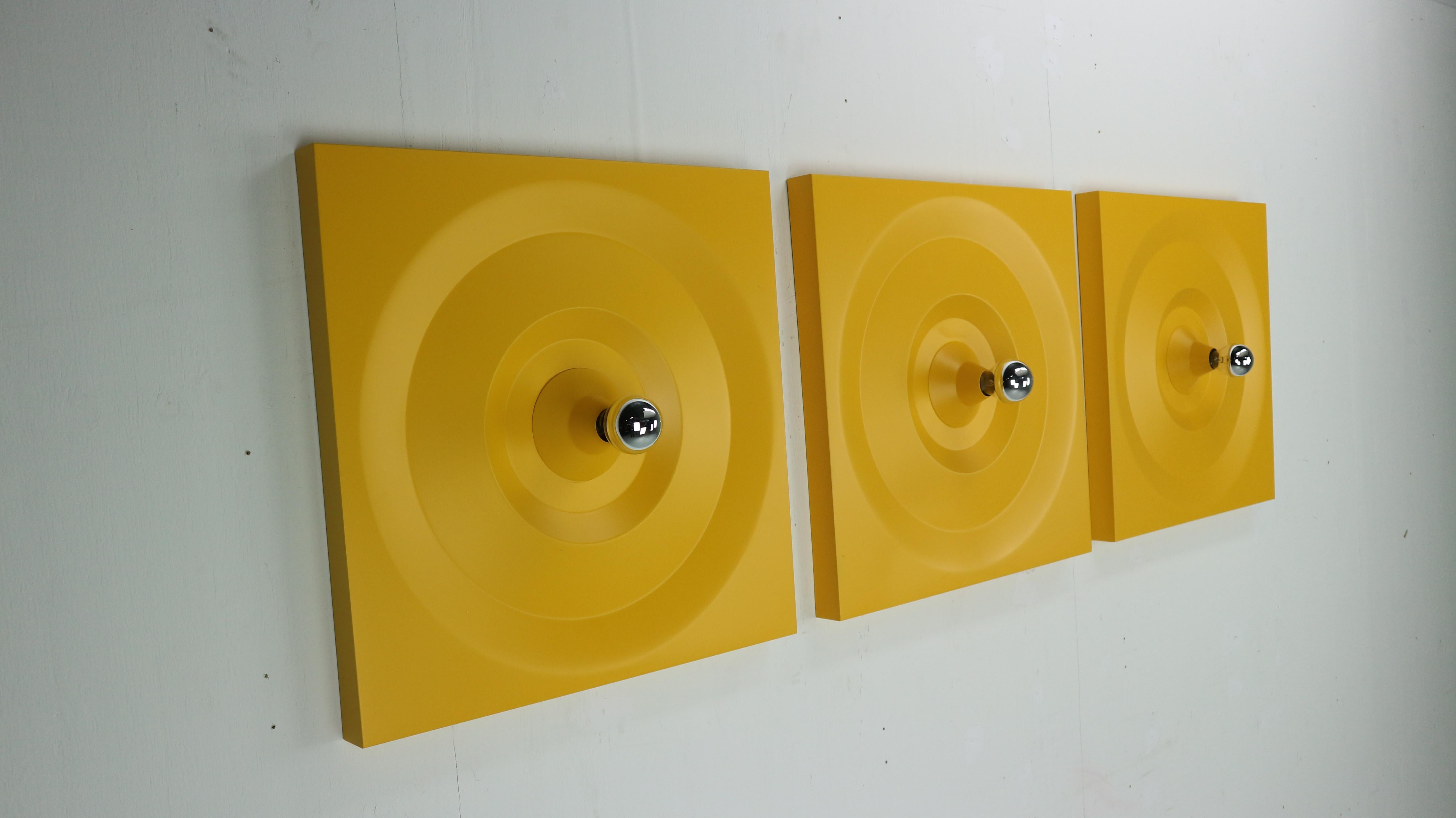 Large Yellow Metal Wall Lights by Klaus Hempel for Kaiser Leuchten, 1970s In Good Condition In The Hague, NL