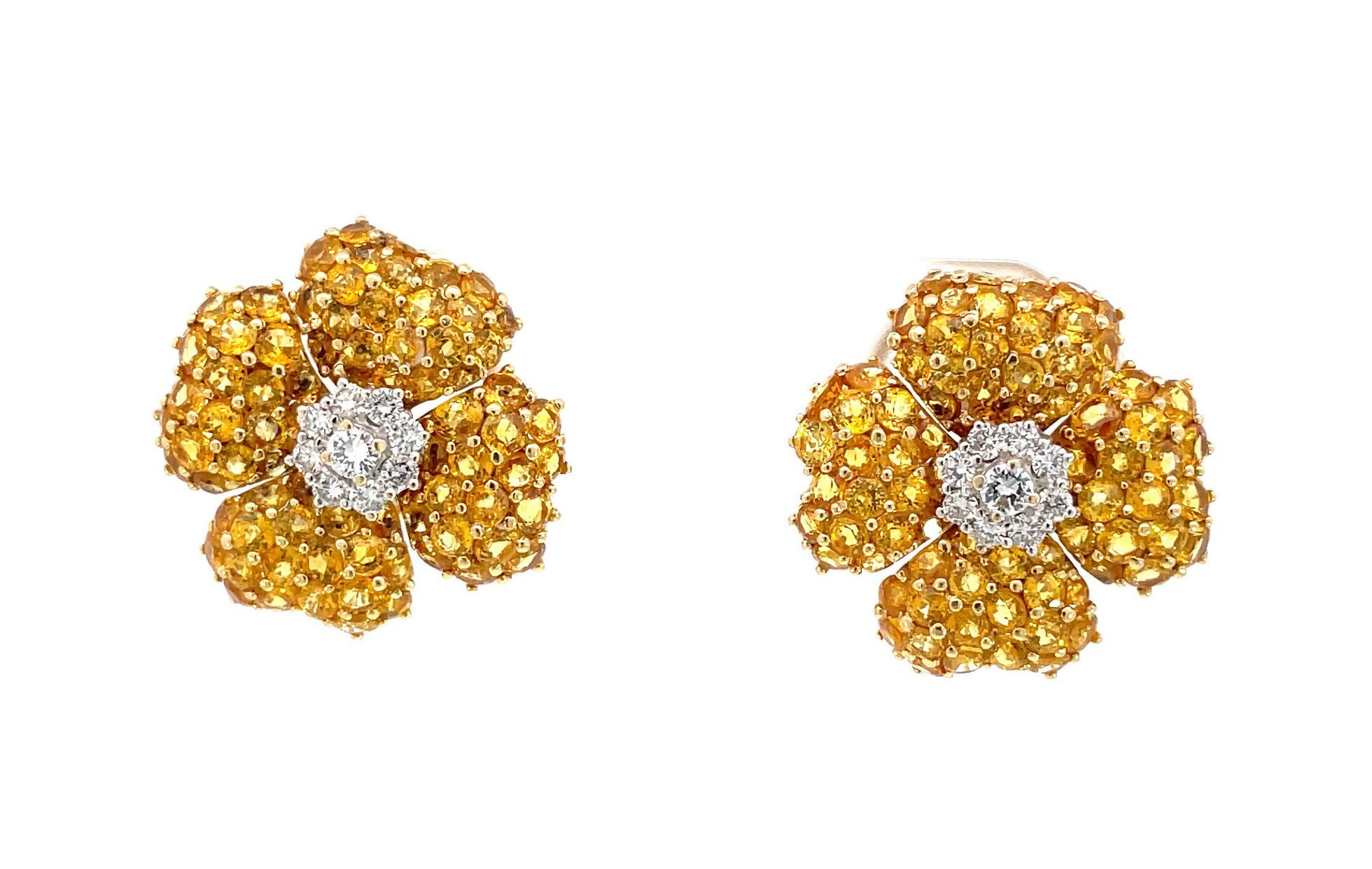 Contemporary Large Yellow Sapphire and Diamond Clover Earrings in 18kt White & Yellow Gold For Sale