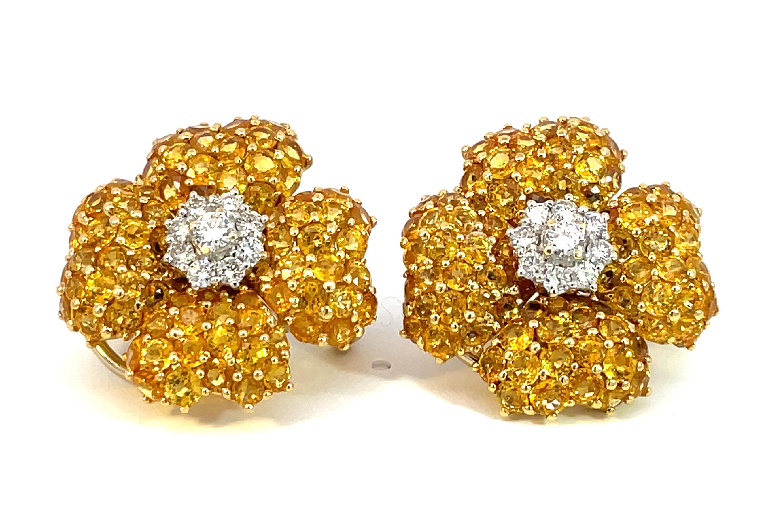 Women's Large Yellow Sapphire and Diamond Clover Earrings in 18kt White & Yellow Gold For Sale