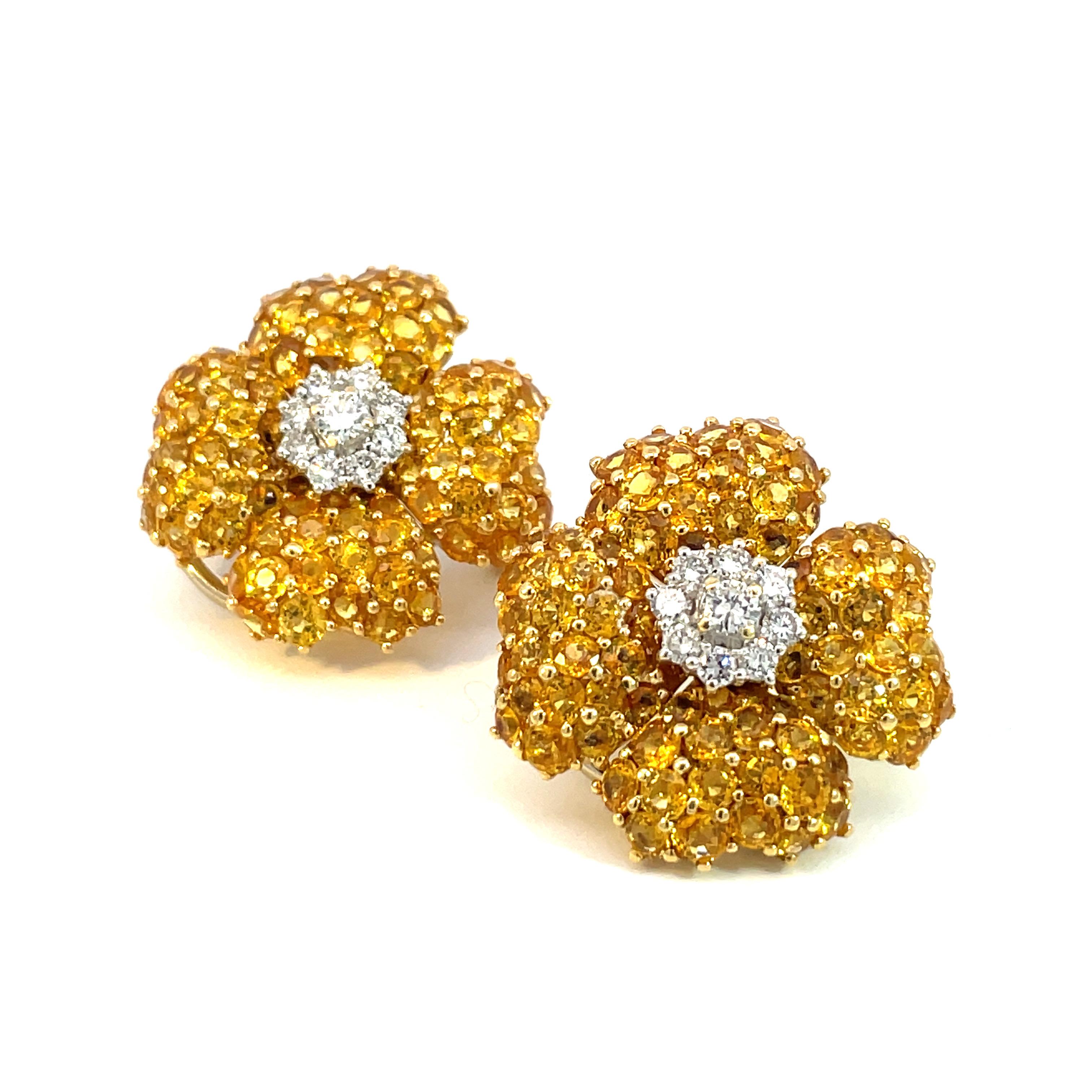 Large Yellow Sapphire and Diamond Clover Earrings in 18kt White & Yellow Gold For Sale 1