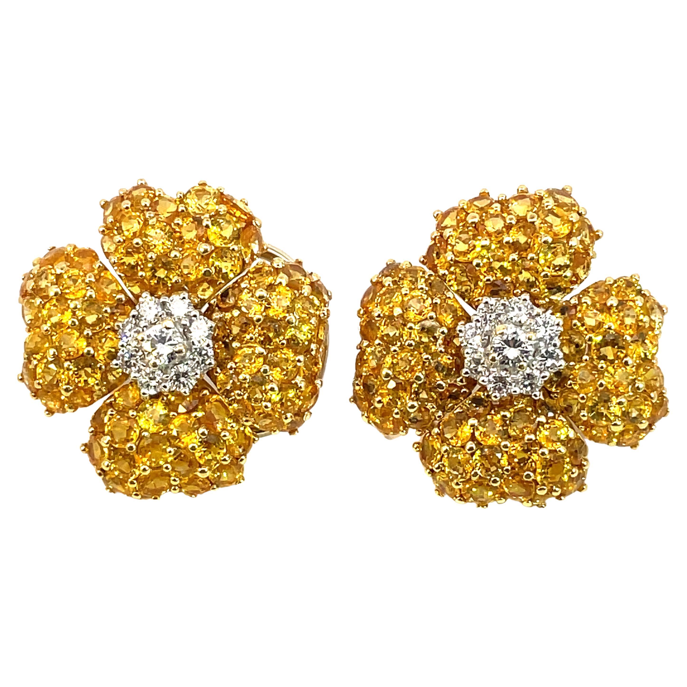 Large Yellow Sapphire and Diamond Clover Earrings in 18kt White & Yellow Gold For Sale