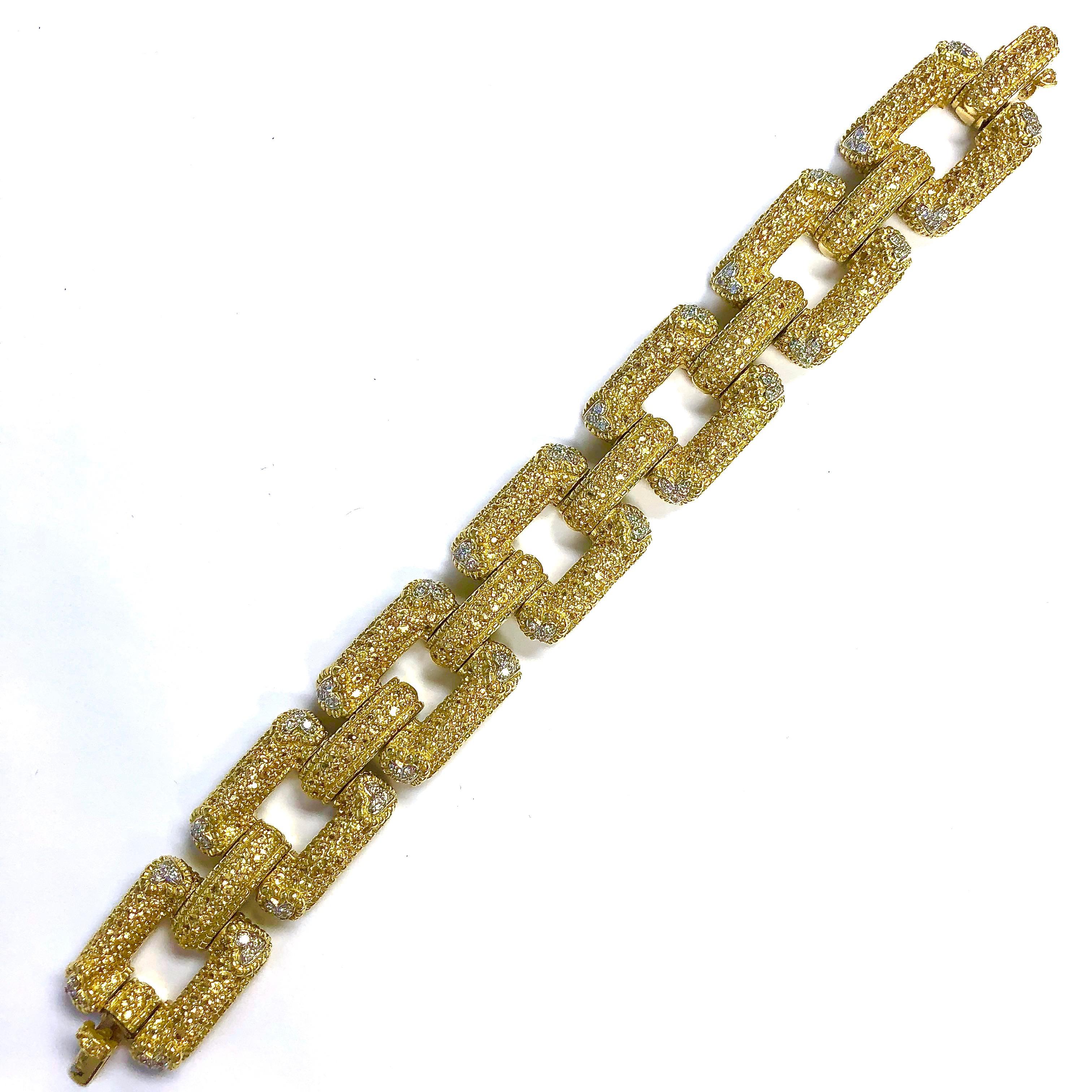 Women's or Men's Large Yellow Sapphire and Diamond Gold Link Bracelet