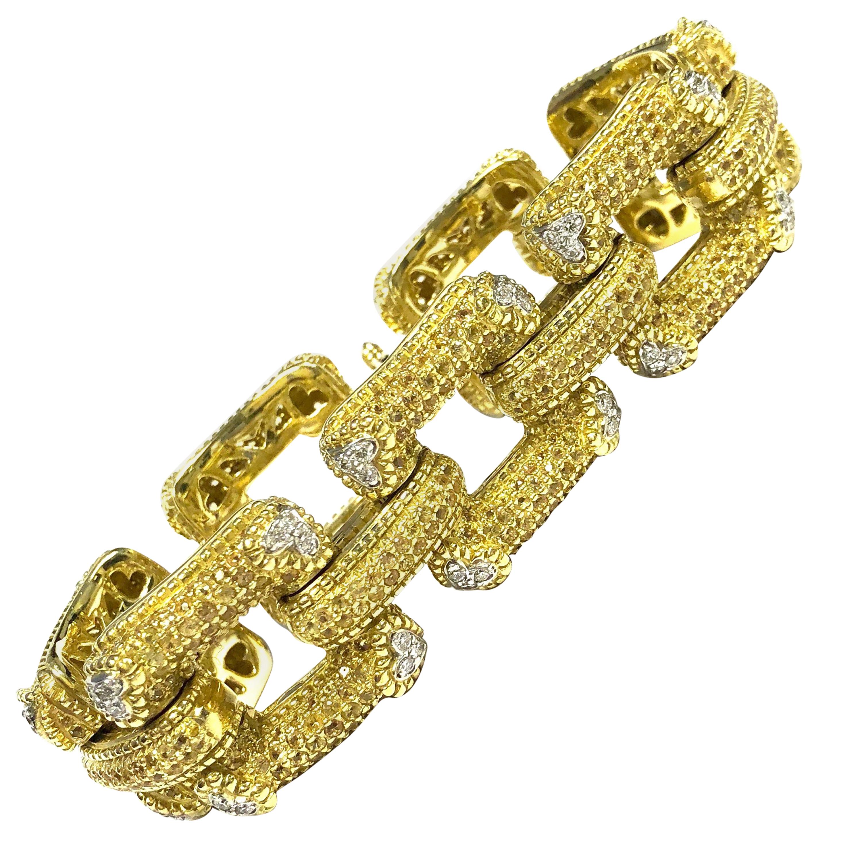 Large Yellow Sapphire and Diamond Gold Link Bracelet