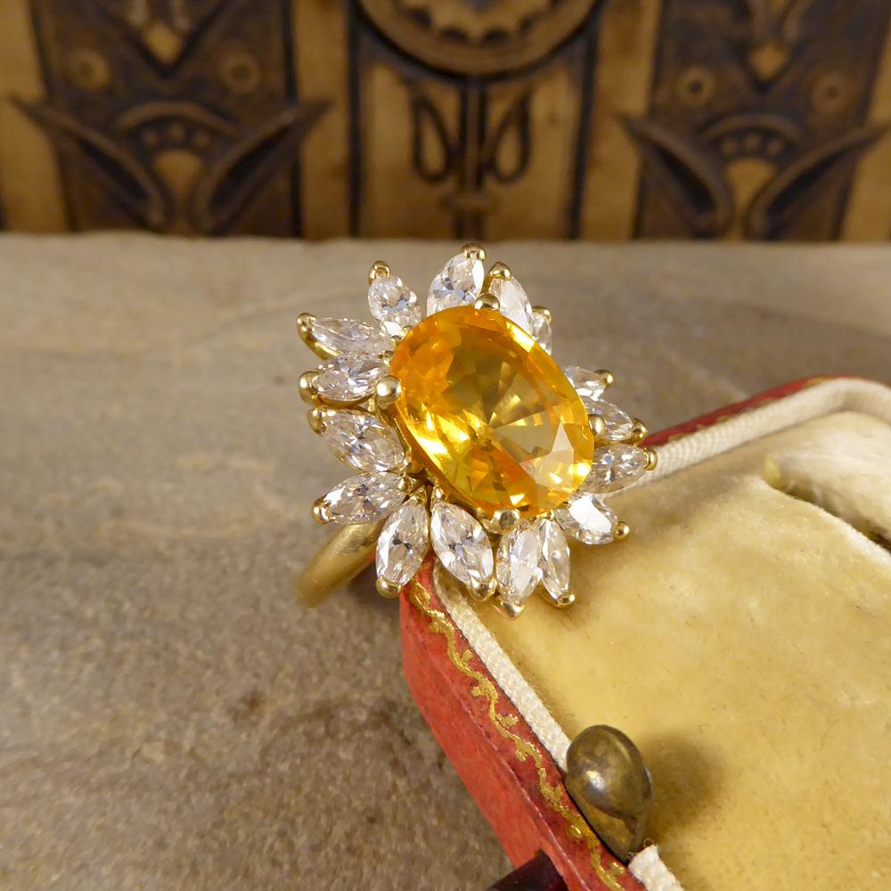 Large Yellow Sapphire and Marquise Diamond 18 Carat Gold Cluster Ring 6