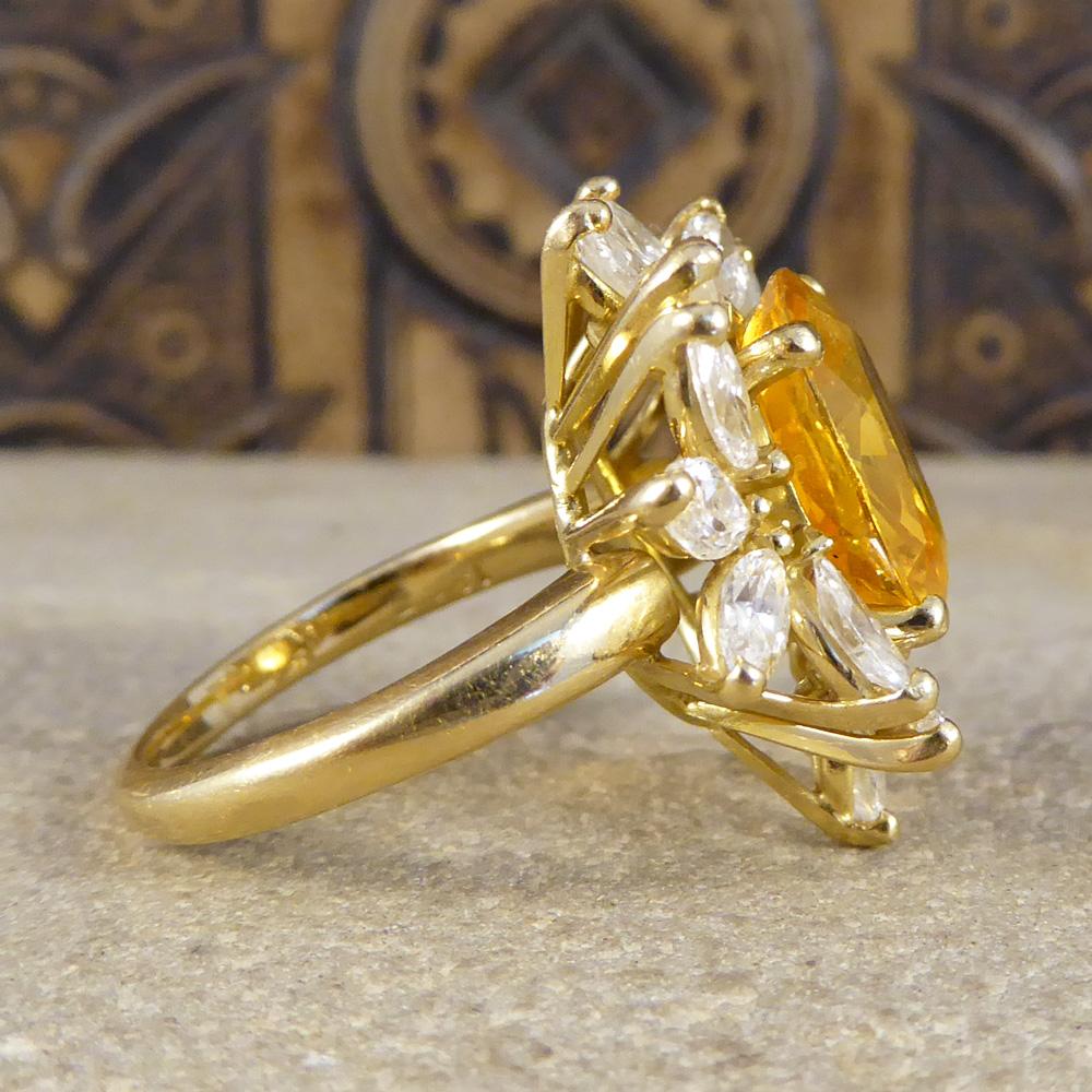 Large Yellow Sapphire and Marquise Diamond 18 Carat Gold Cluster Ring In Good Condition In Yorkshire, West Yorkshire
