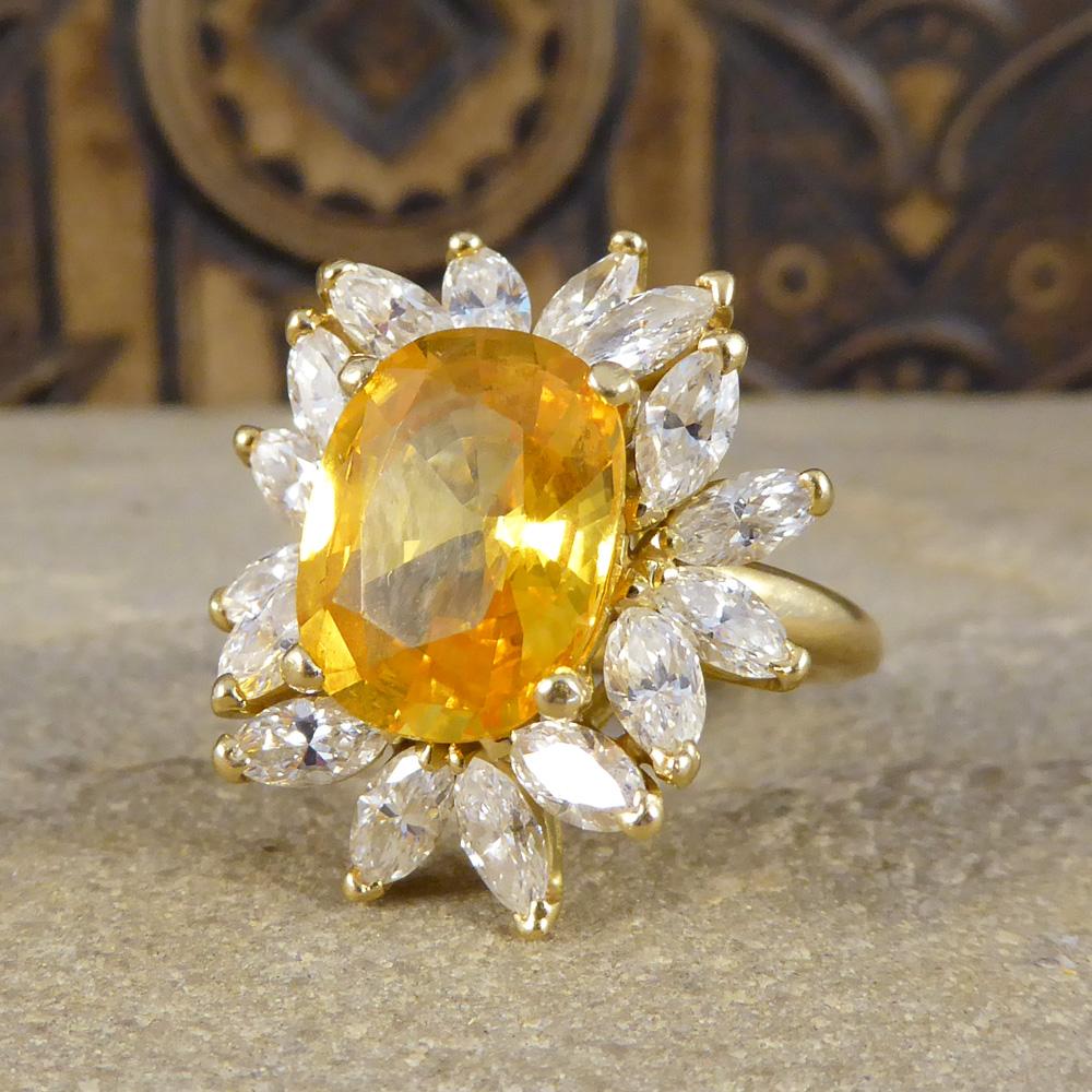 Large Yellow Sapphire and Marquise Diamond 18 Carat Gold Cluster Ring 1