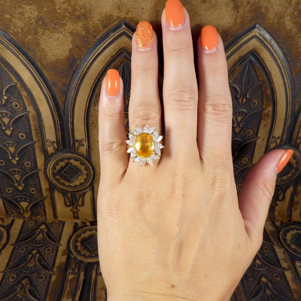 Large Yellow Sapphire and Marquise Diamond 18 Carat Gold Cluster Ring 3