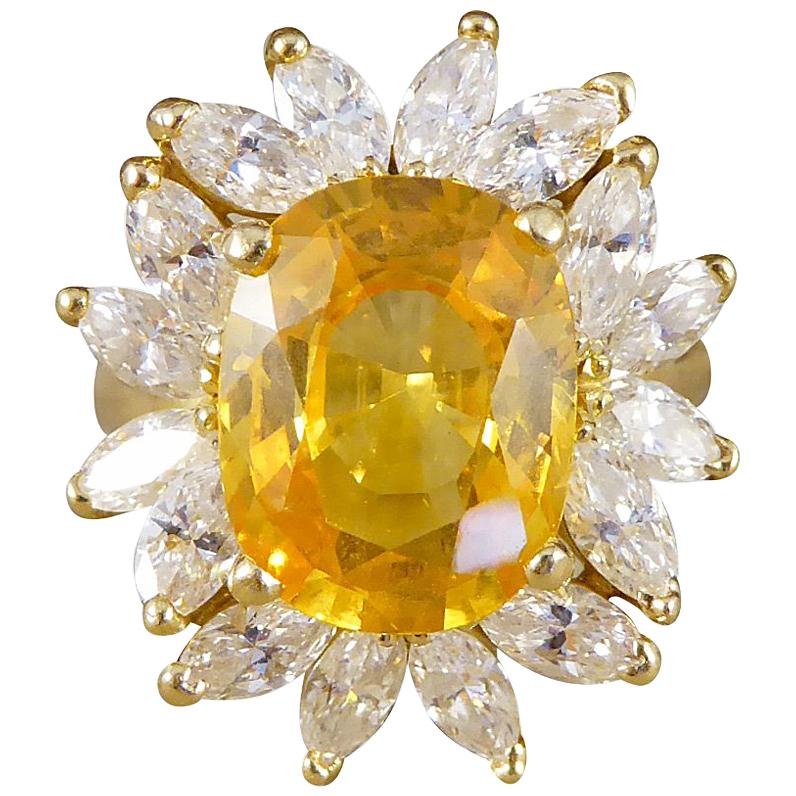 Large Yellow Sapphire and Marquise Diamond 18 Carat Gold Cluster Ring