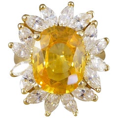 Large Yellow Sapphire and Marquise Diamond 18 Carat Gold Cluster Ring