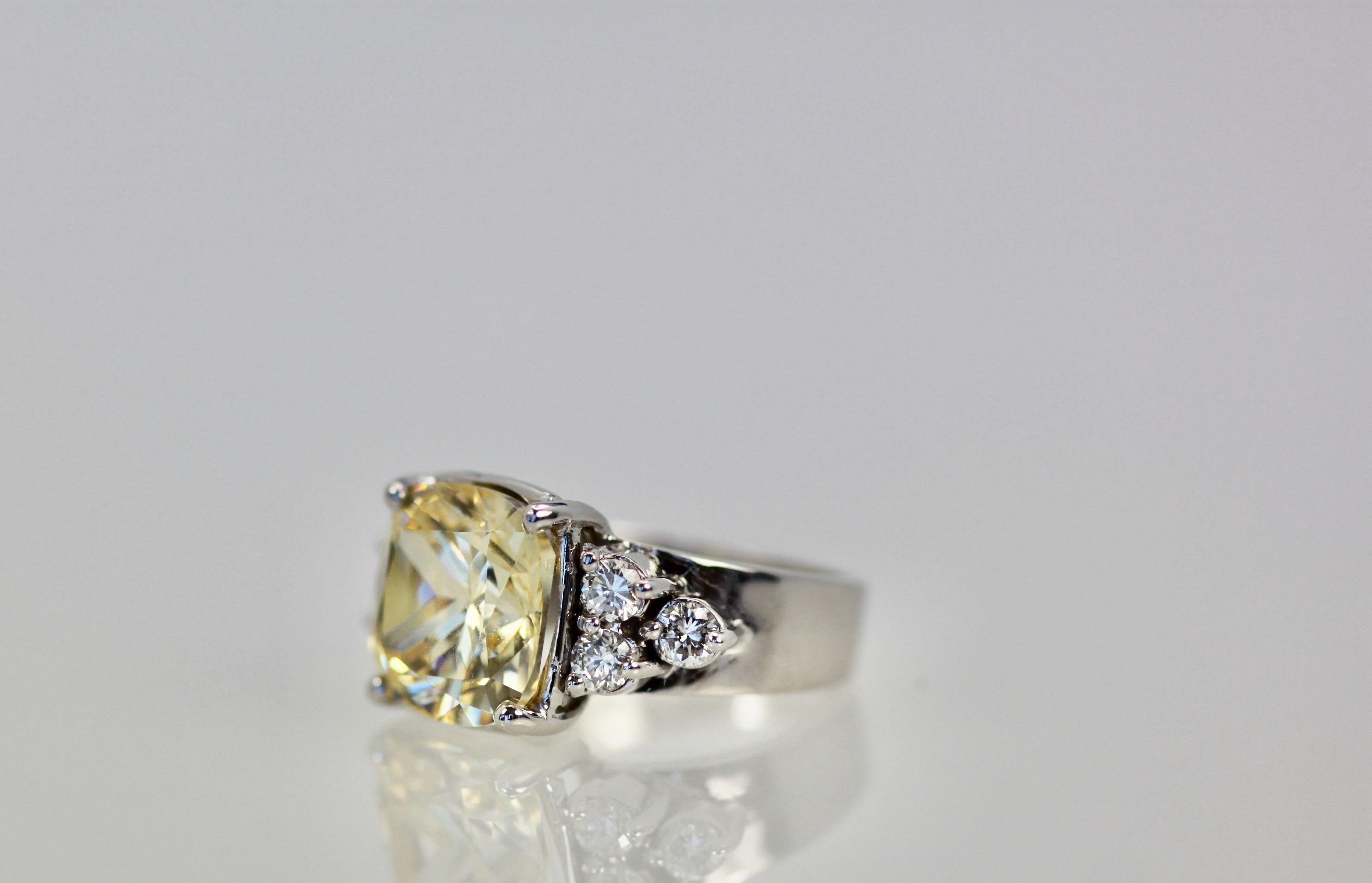 Modern Large Yellow Sapphire Ring with Diamond Side Accents