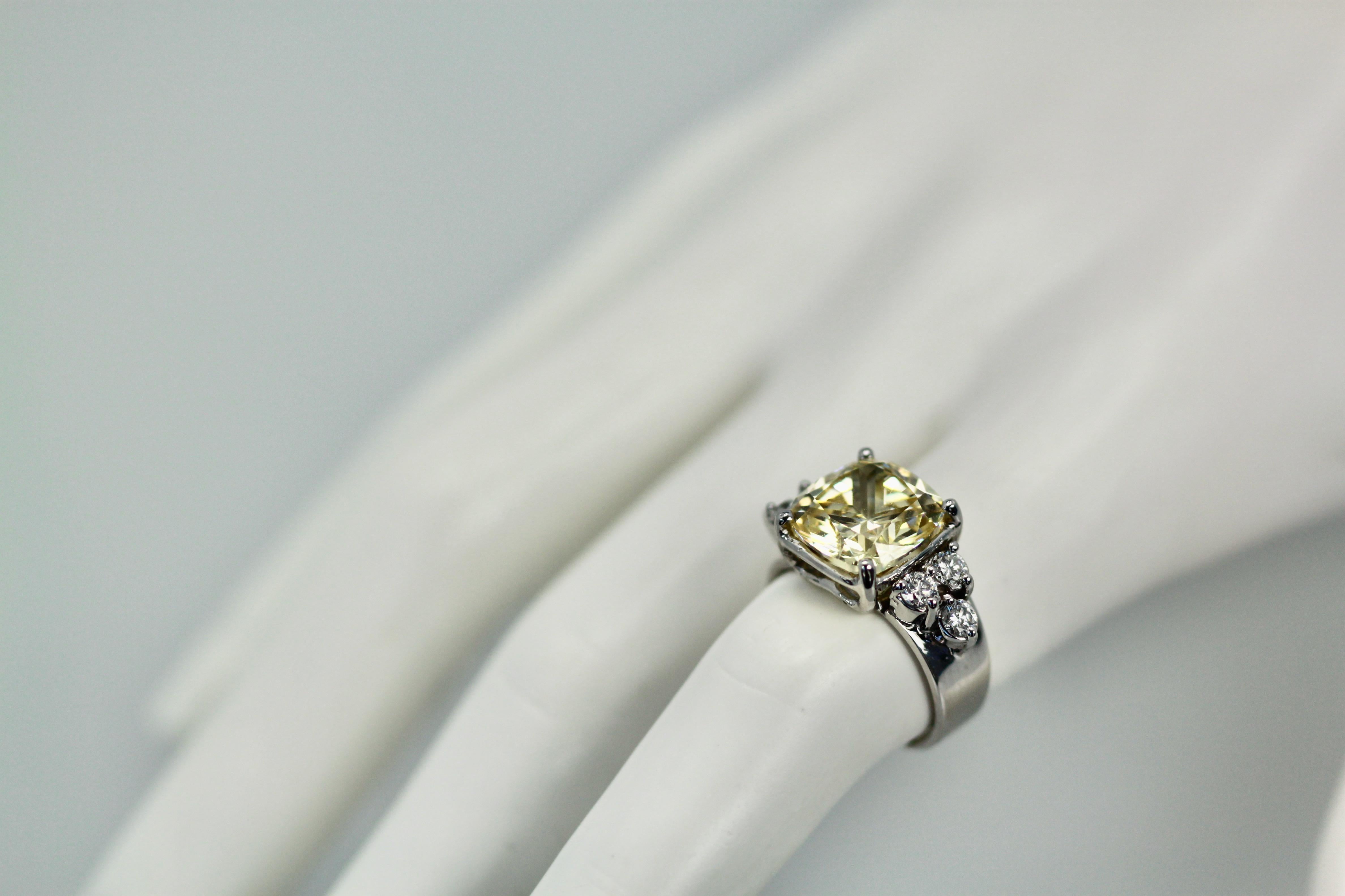 Cushion Cut Large Yellow Sapphire Ring with Diamond Side Accents