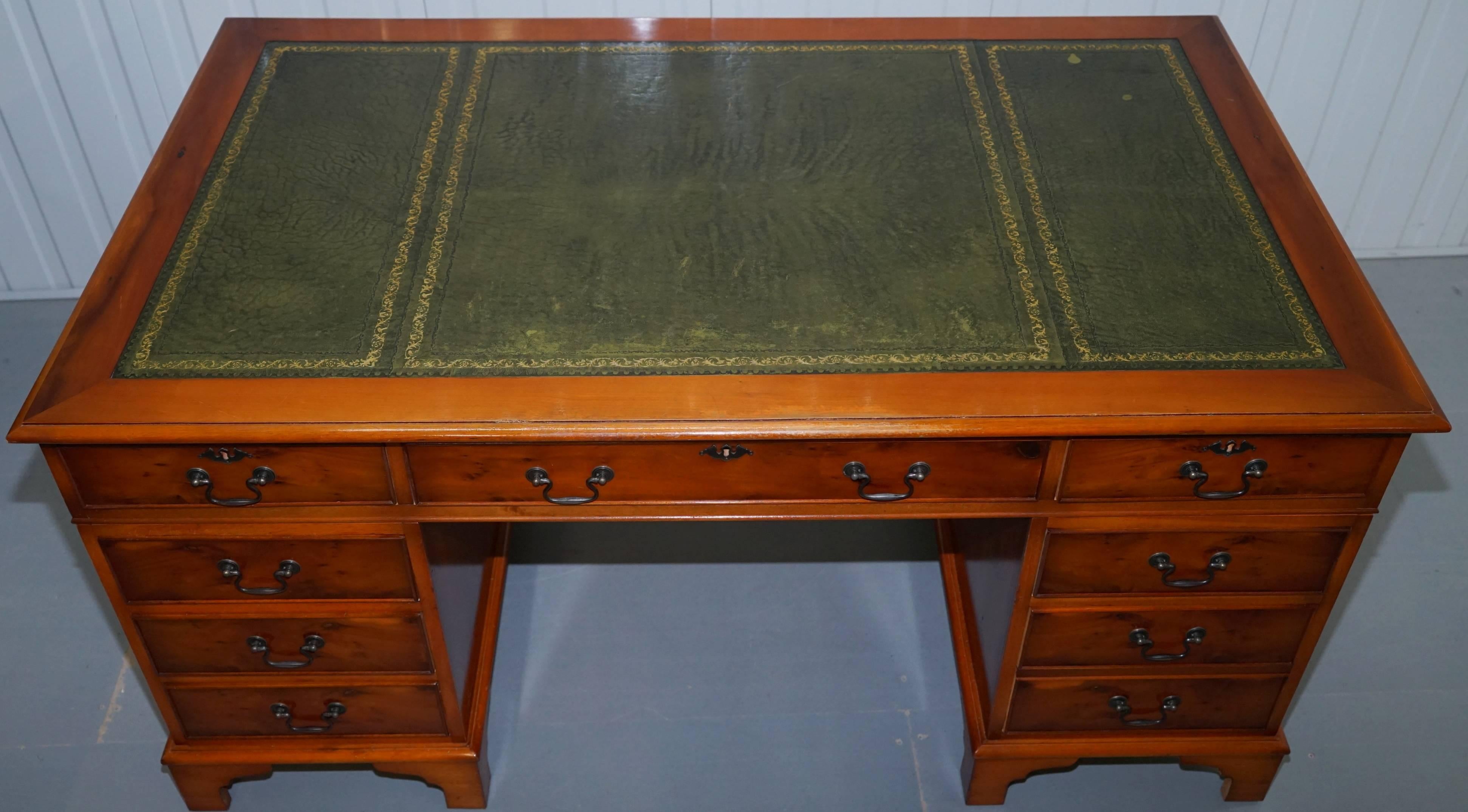 British Large Yew Twin Pedestal Partner Desk Green Leather Green Leather Writing Top