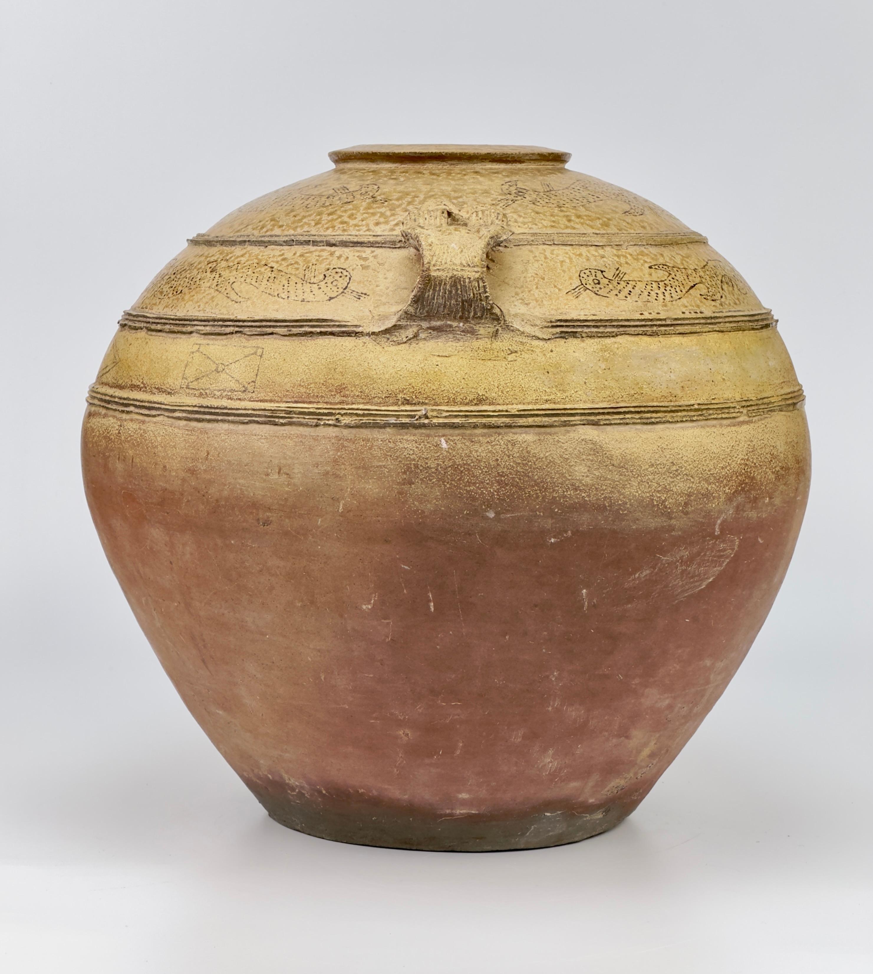 Chinese Large Yue Globular Stoneware Jar, Han Dynasty-Three Kingdoms For Sale