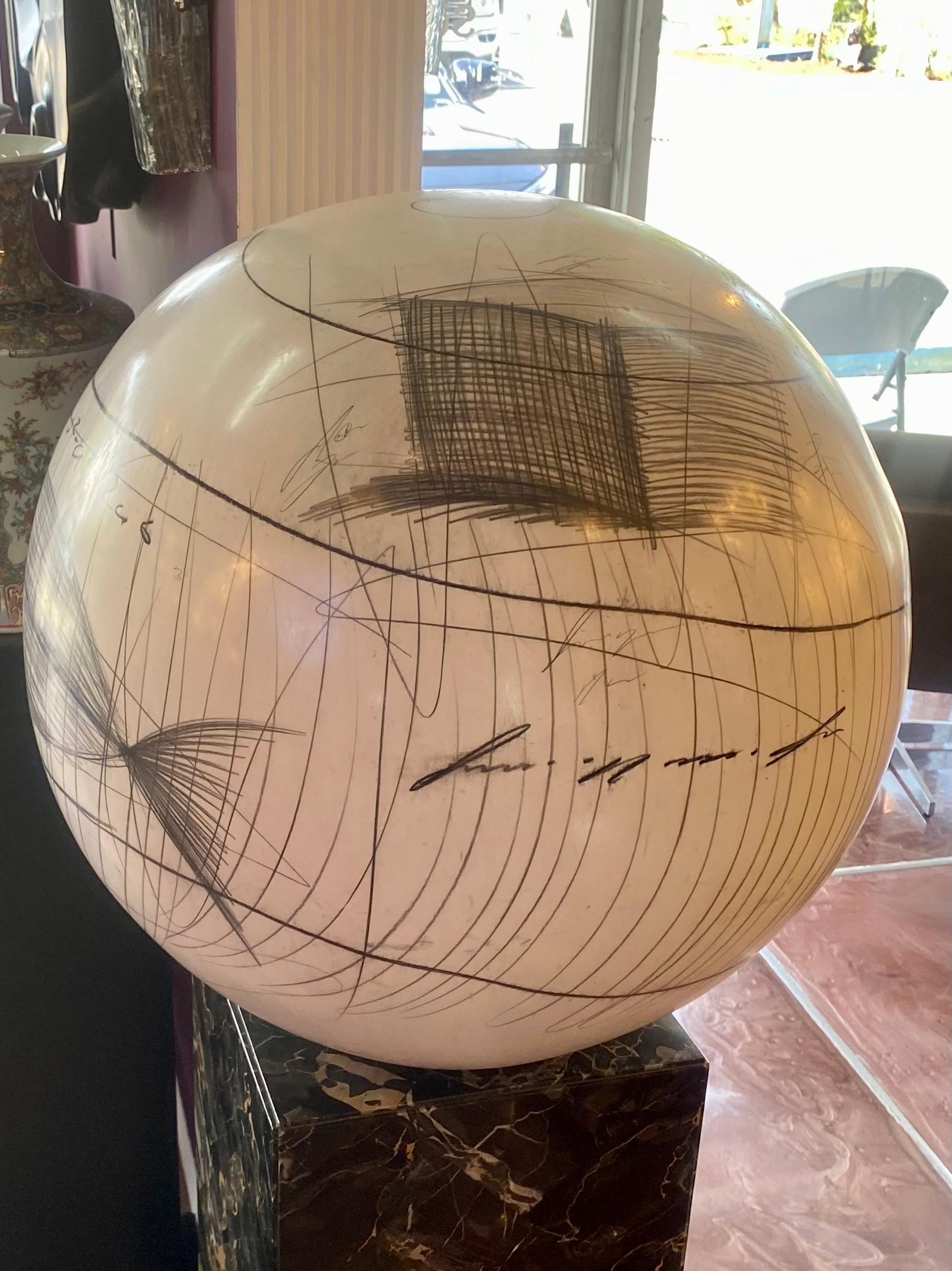 Large Yuri Zatarain Contemporary Ceramic Globe with Charcoal Equations 3