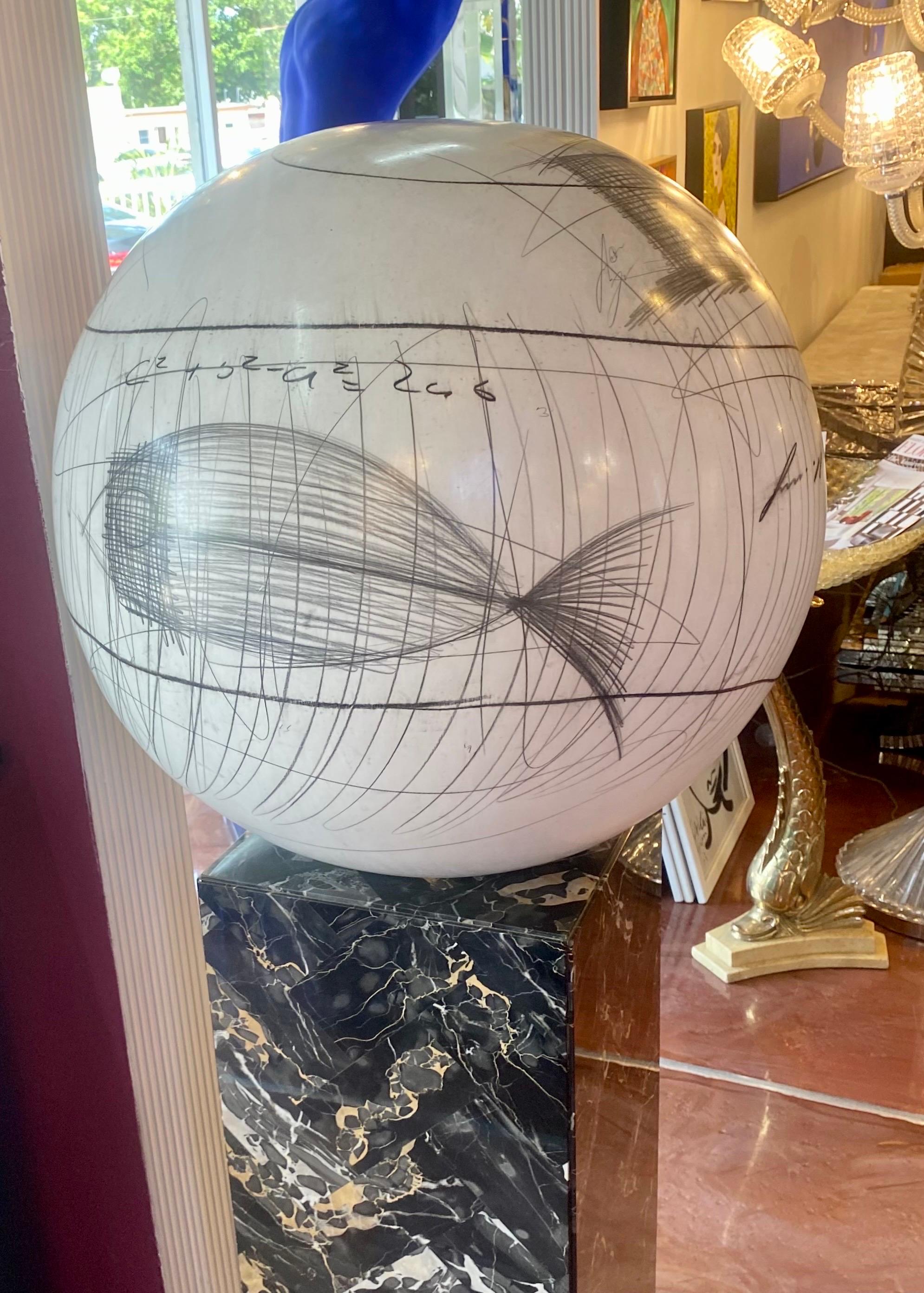 Large Yuri Zatarain Contemporary Ceramic Globe with Charcoal Equations 4