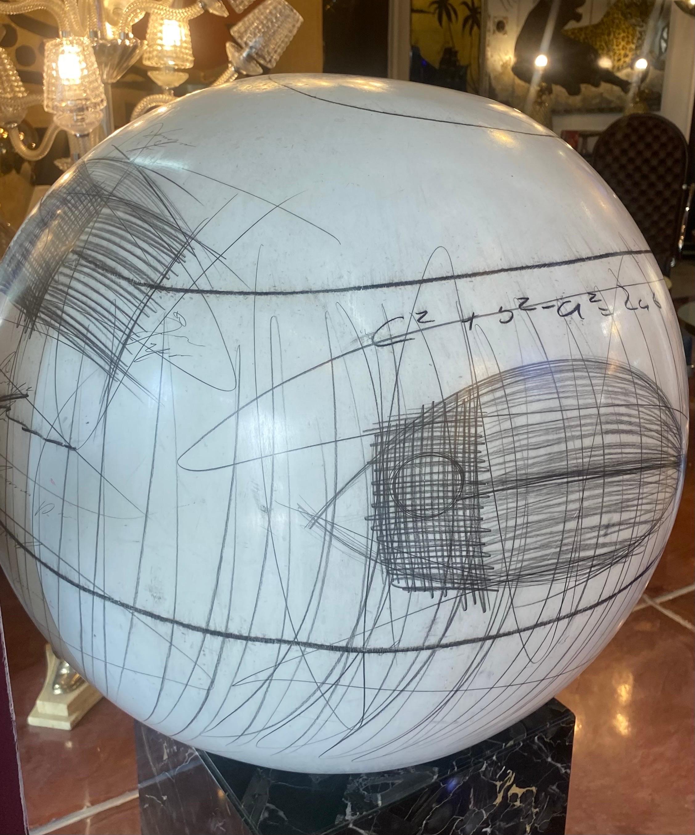 Large Yuri Zatarain Contemporary Ceramic Globe with Charcoal Equations 5