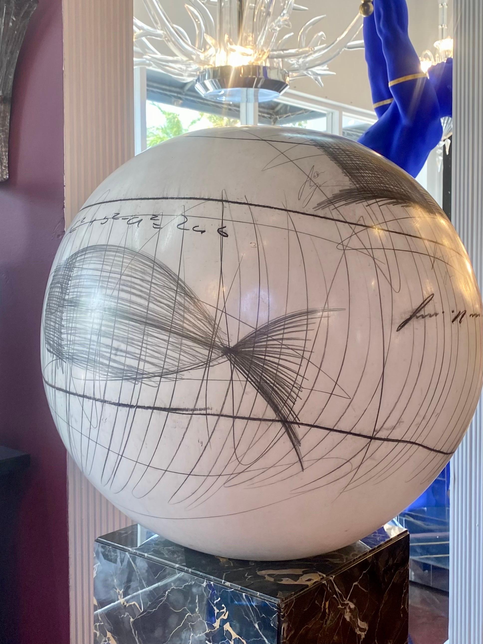 Large Yuri Zatarain Contemporary Ceramic Globe with Charcoal Equations 7