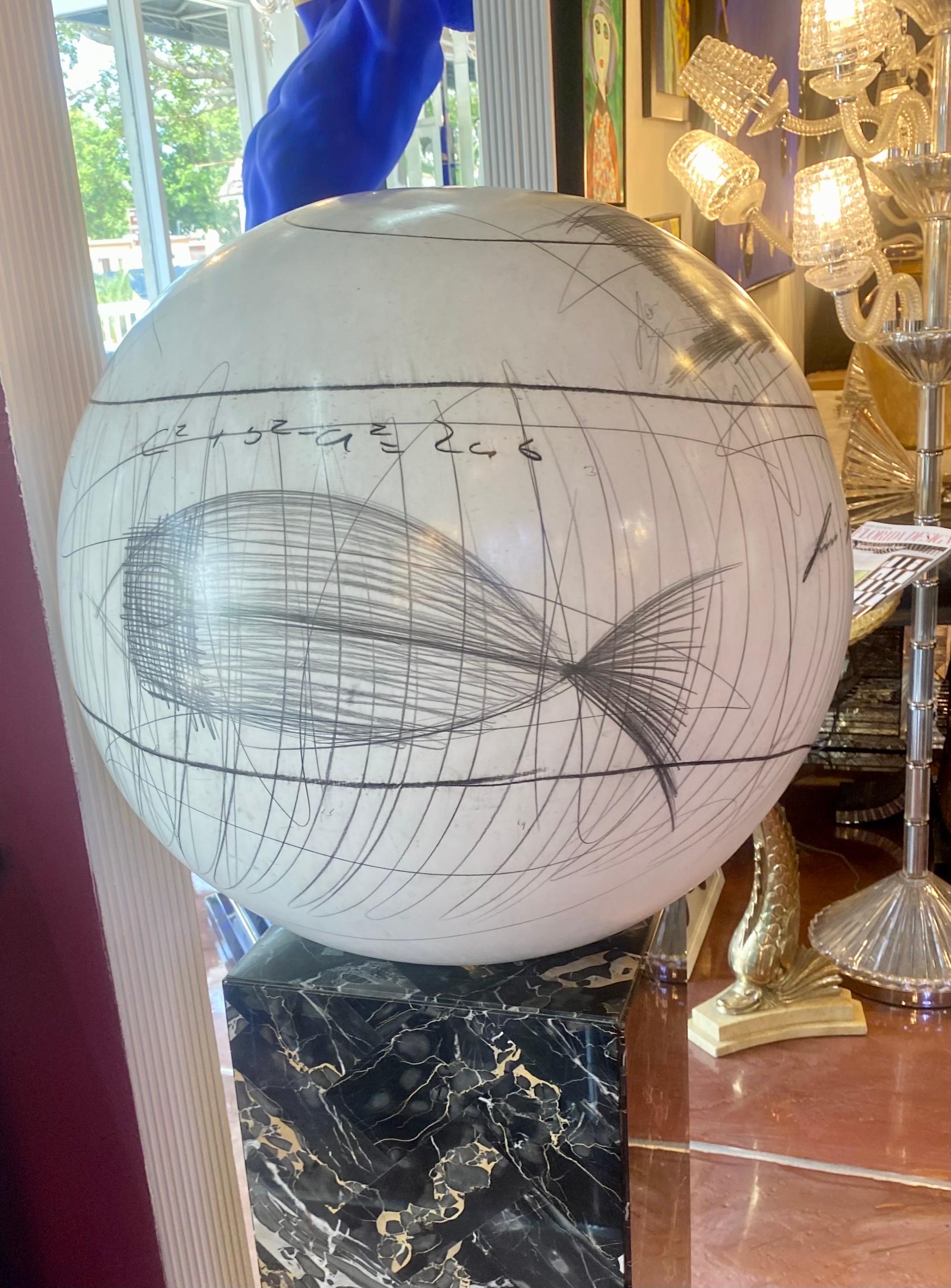 Modern Large Yuri Zatarain Contemporary Ceramic Globe with Charcoal Equations