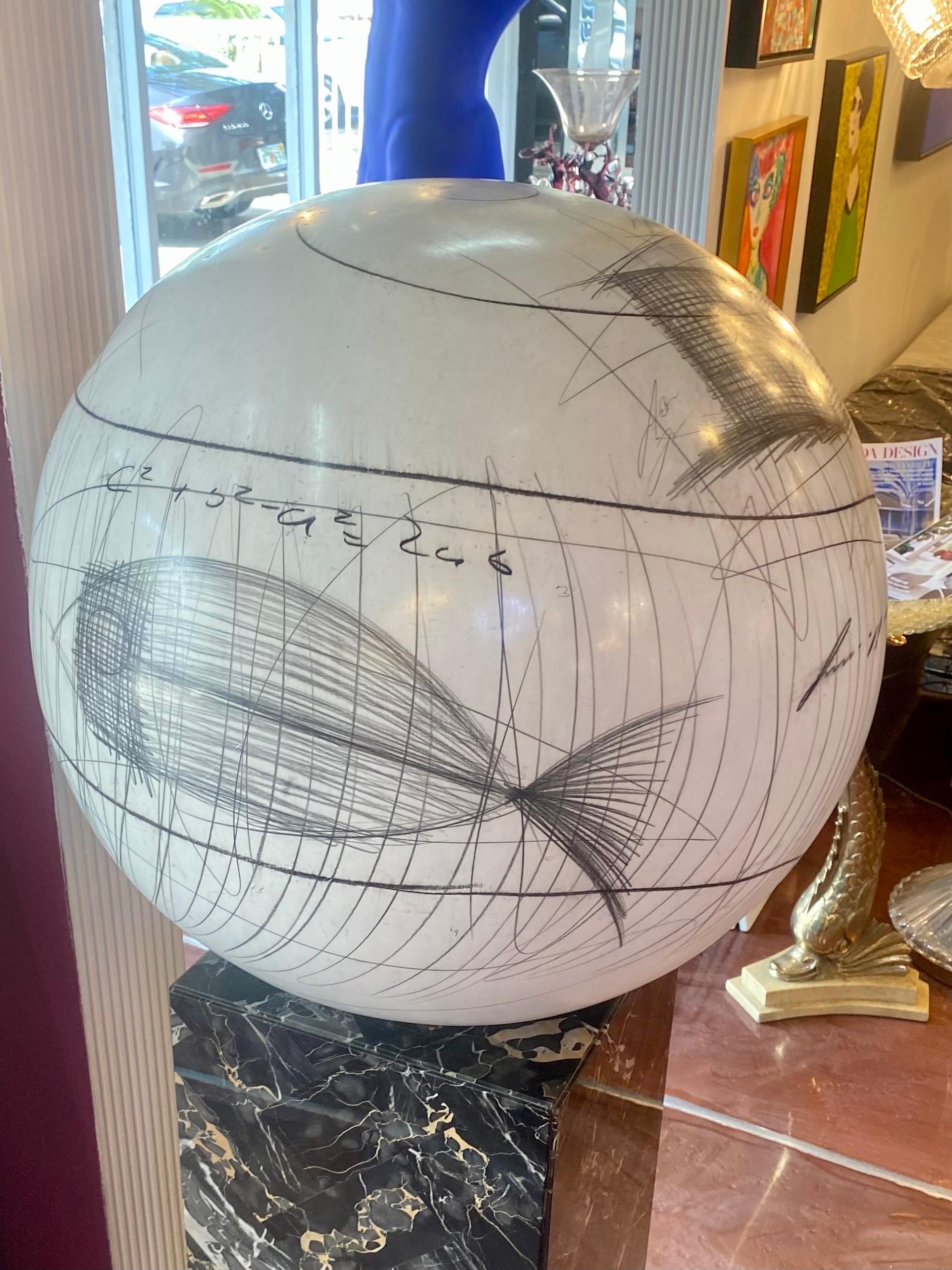 Mexican Large Yuri Zatarain Contemporary Ceramic Globe with Charcoal Equations