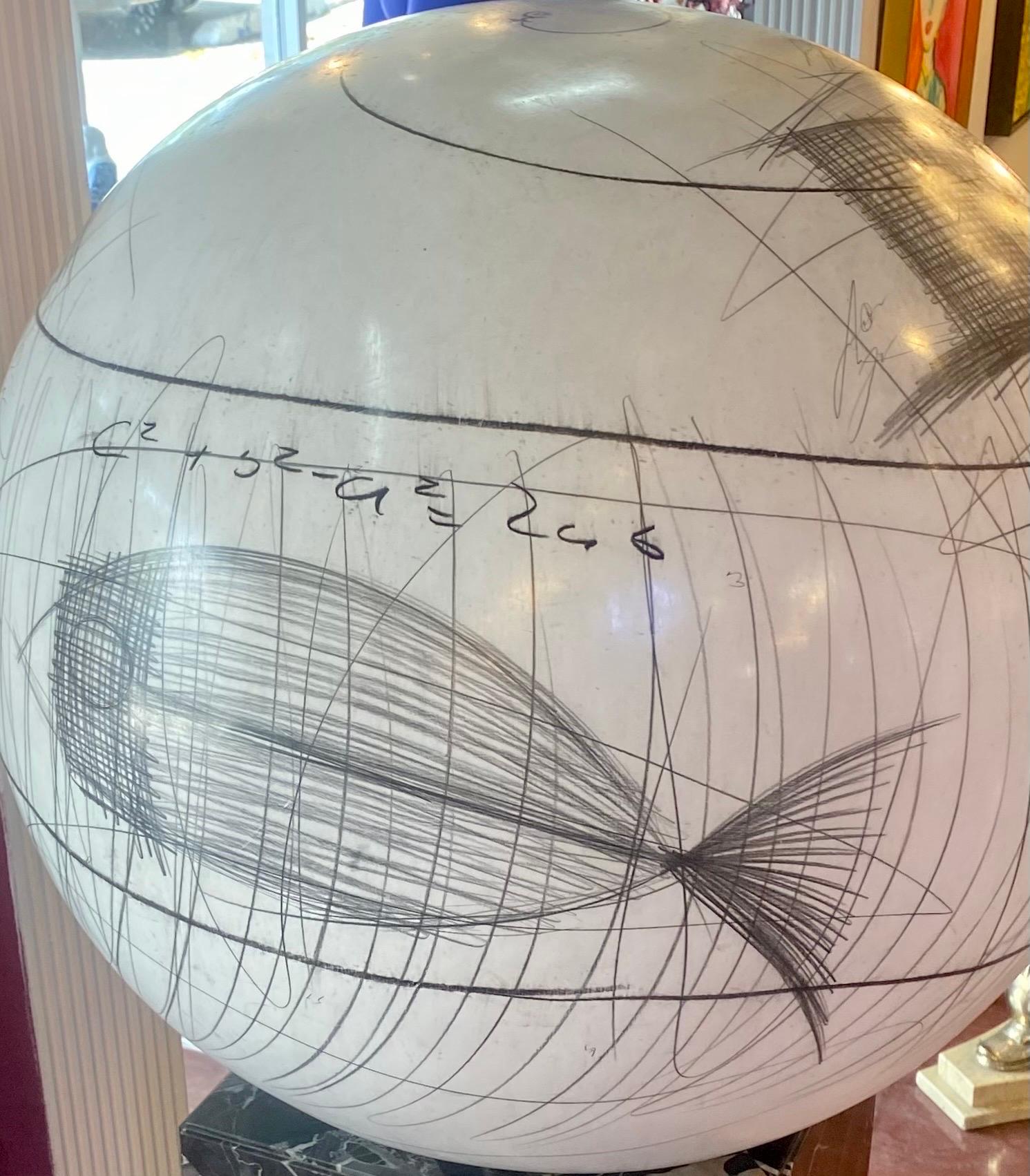 Hand-Crafted Large Yuri Zatarain Contemporary Ceramic Globe with Charcoal Equations