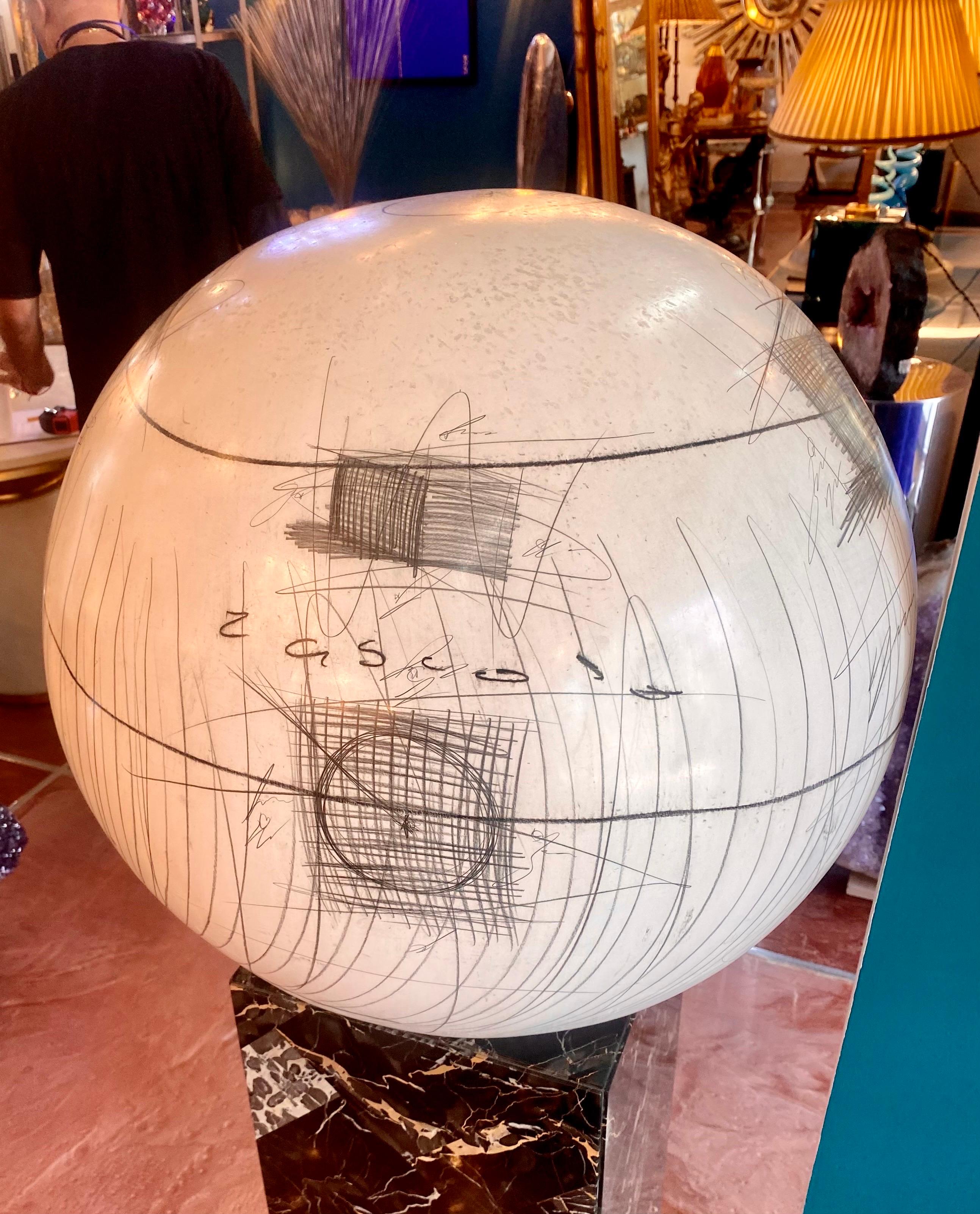 Large Yuri Zatarain Contemporary Ceramic Globe with Charcoal Equations In Good Condition In Miami, FL