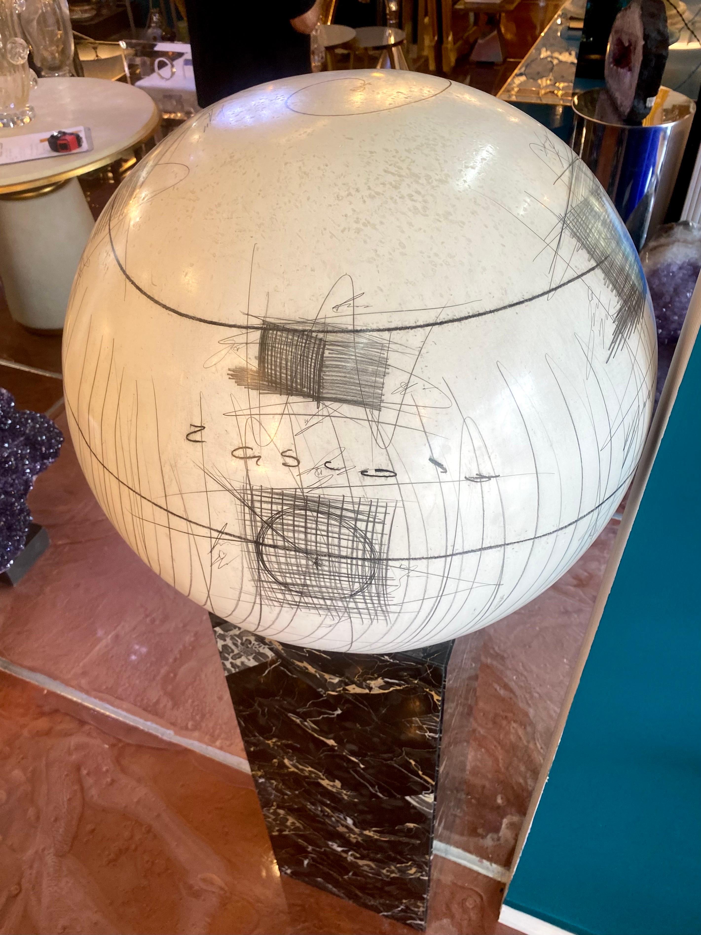 20th Century Large Yuri Zatarain Contemporary Ceramic Globe with Charcoal Equations
