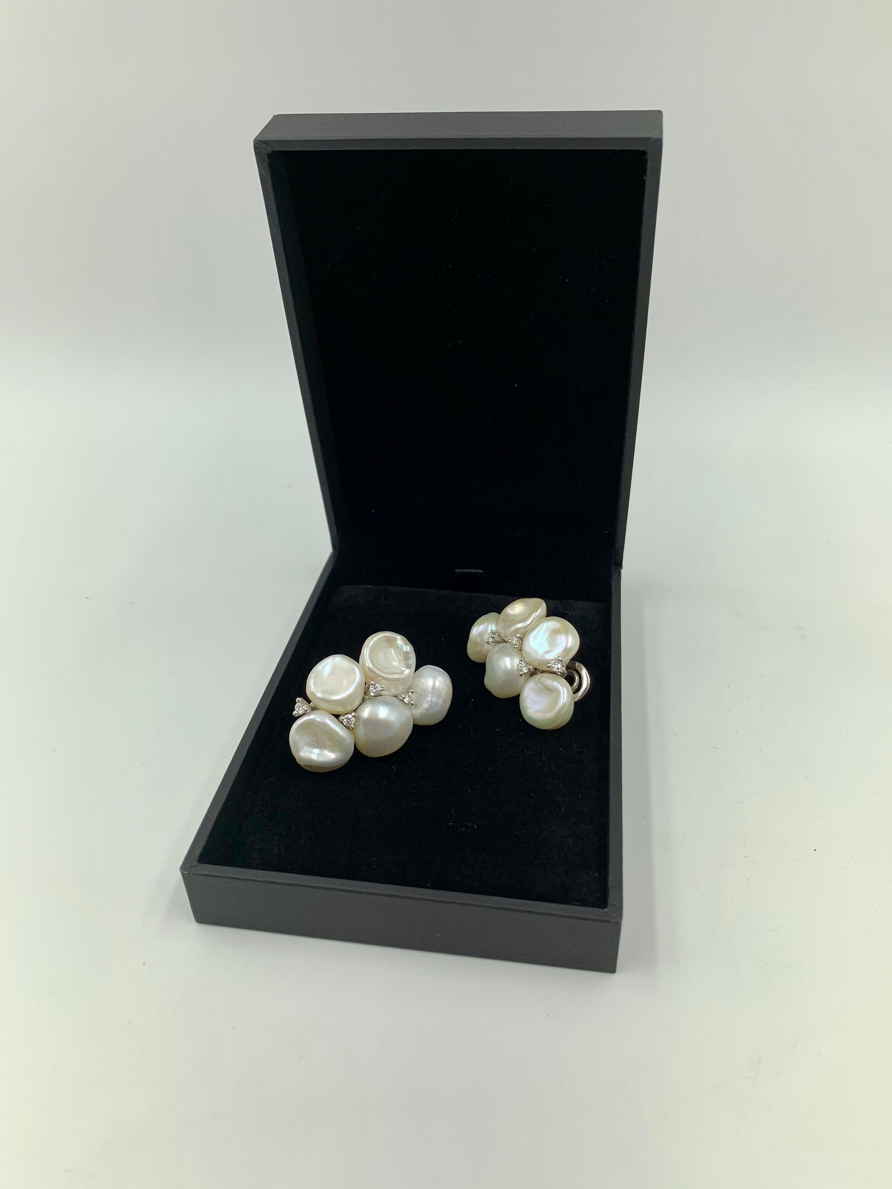 Large Yvel 18k White Gold Keshi Pearl Diamond Earrings For Sale 2
