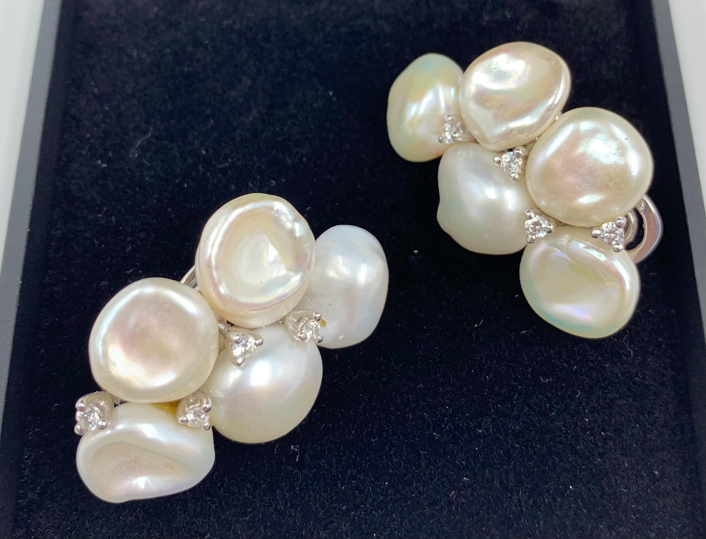Large Yvel 18k White Gold Keshi Pearl Diamond Earrings For Sale 3