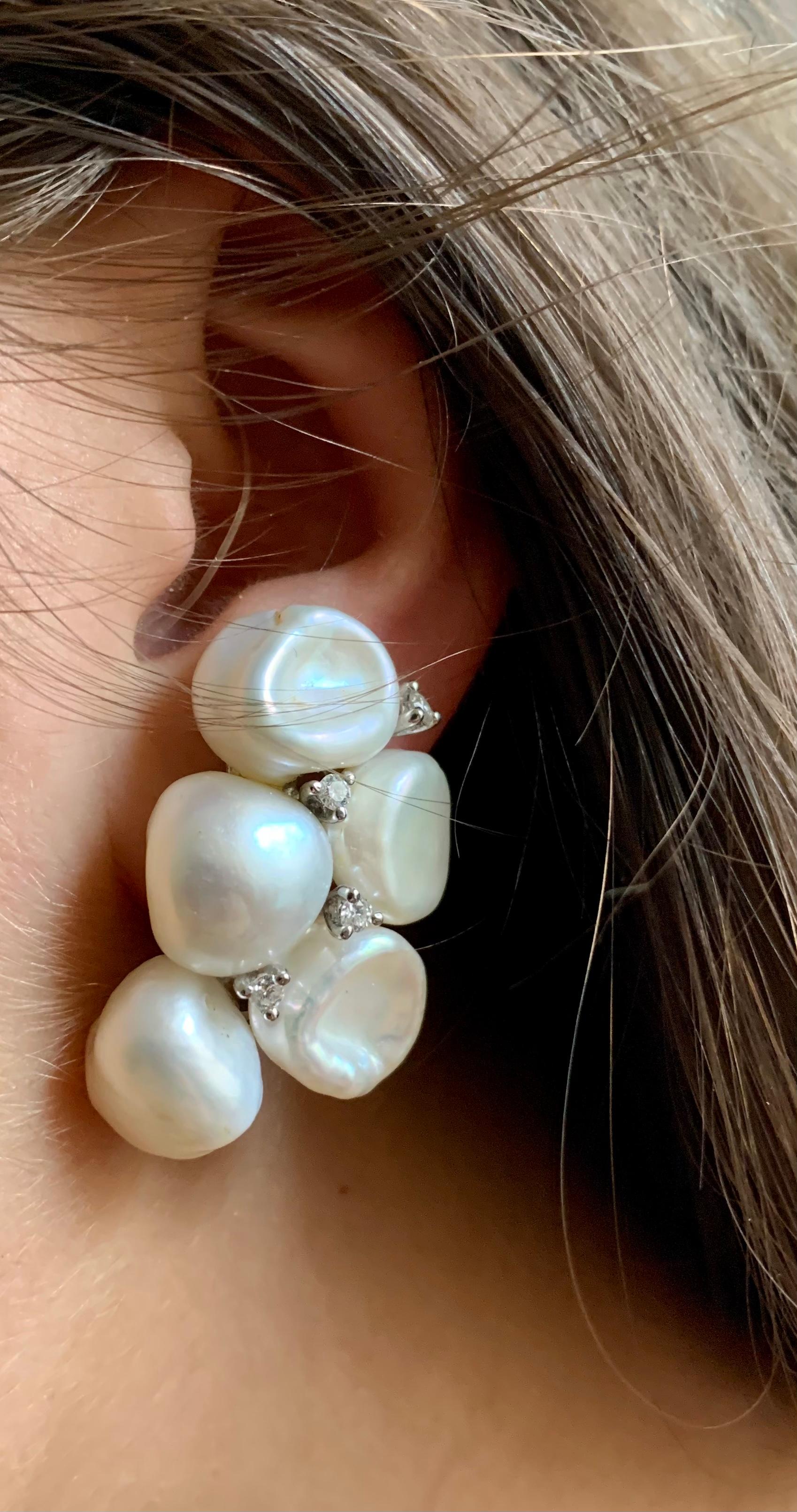 Large Yvel 18k White Gold Keshi Pearl Diamond Earrings For Sale 4
