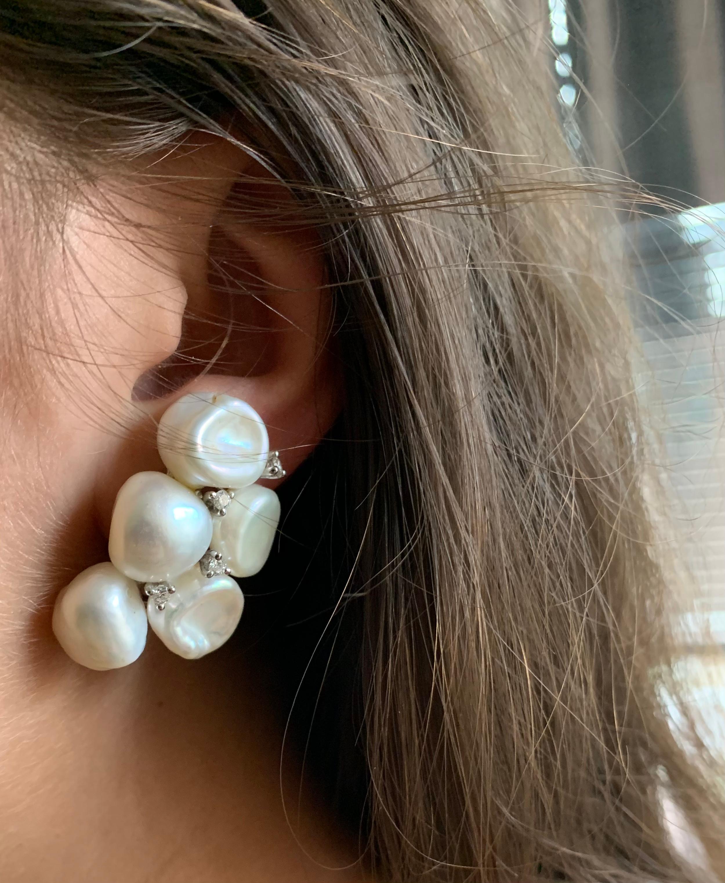 Large Yvel 18k White Gold Keshi Pearl Diamond Earrings For Sale 5