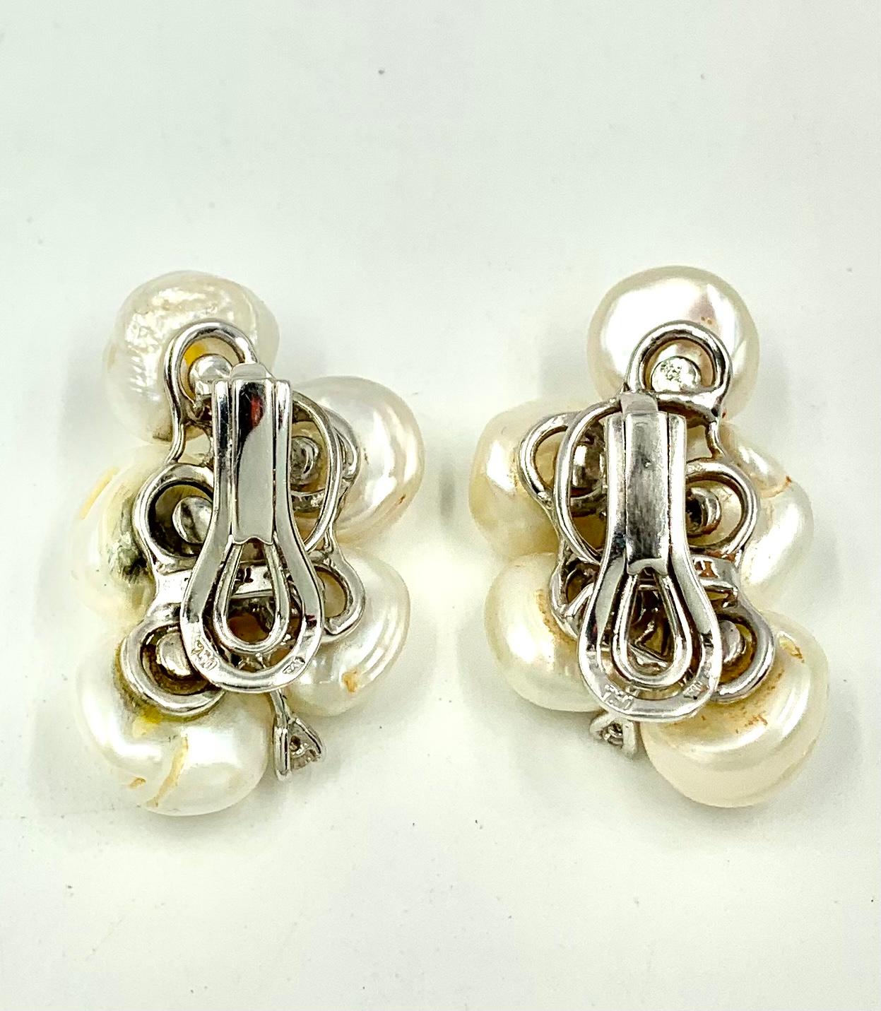 Large Yvel 18k White Gold Keshi Pearl Diamond Earrings In Good Condition For Sale In New York, NY