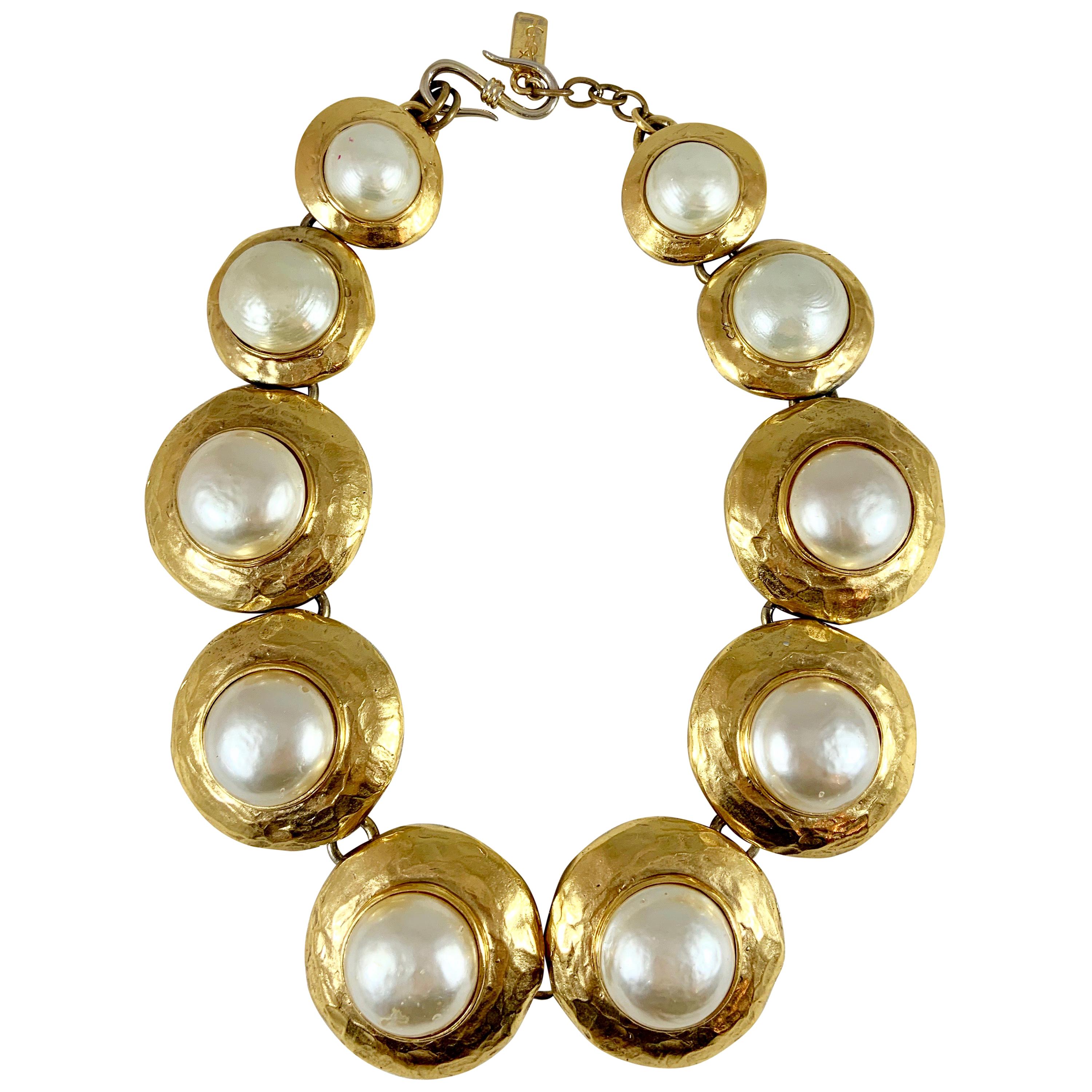 Huge 1980s Yves Saint Laurent Pearl and Gold Necklace For Sale