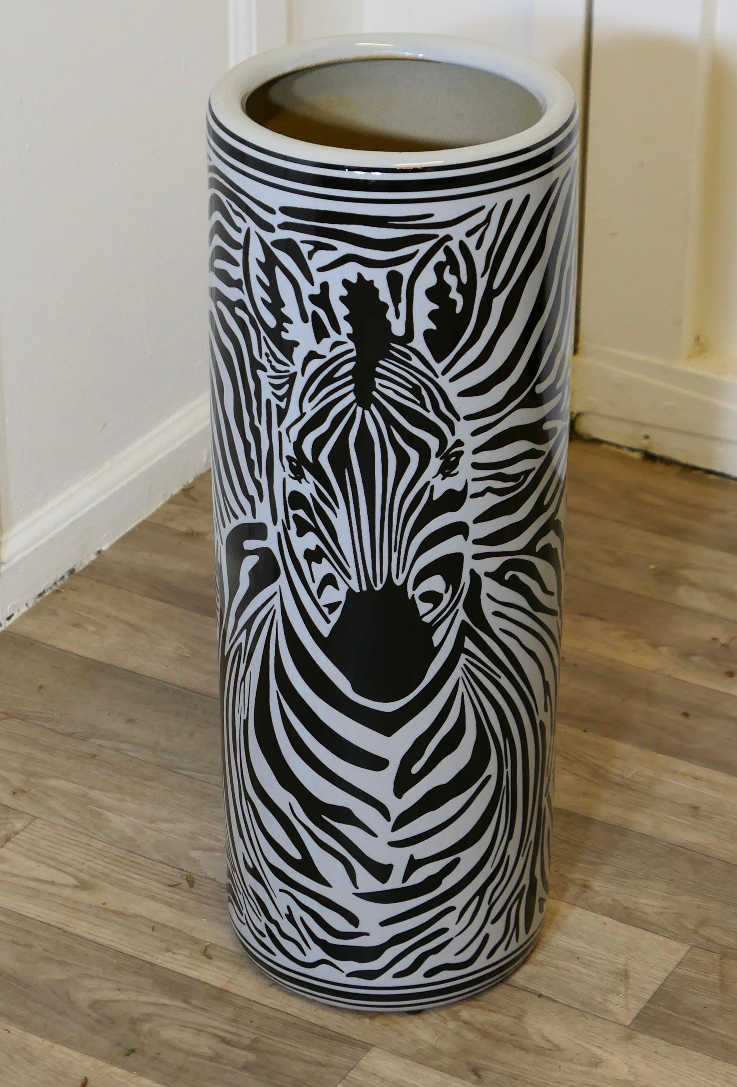 Folk Art Large Zebra Design Floor Vase, Umbrella Stand For Sale