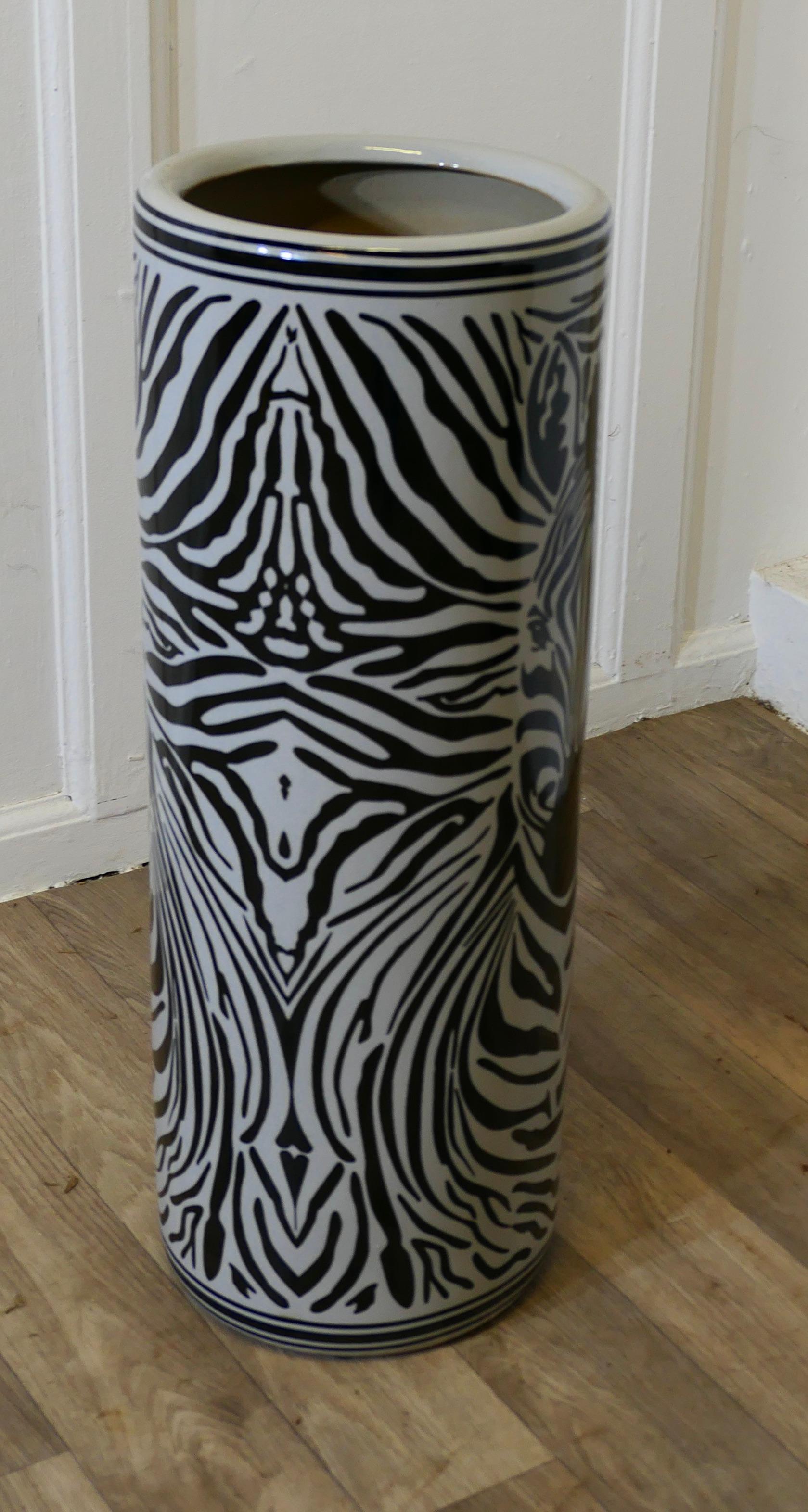 Ceramic Large Zebra Design Floor Vase, Umbrella Stand For Sale