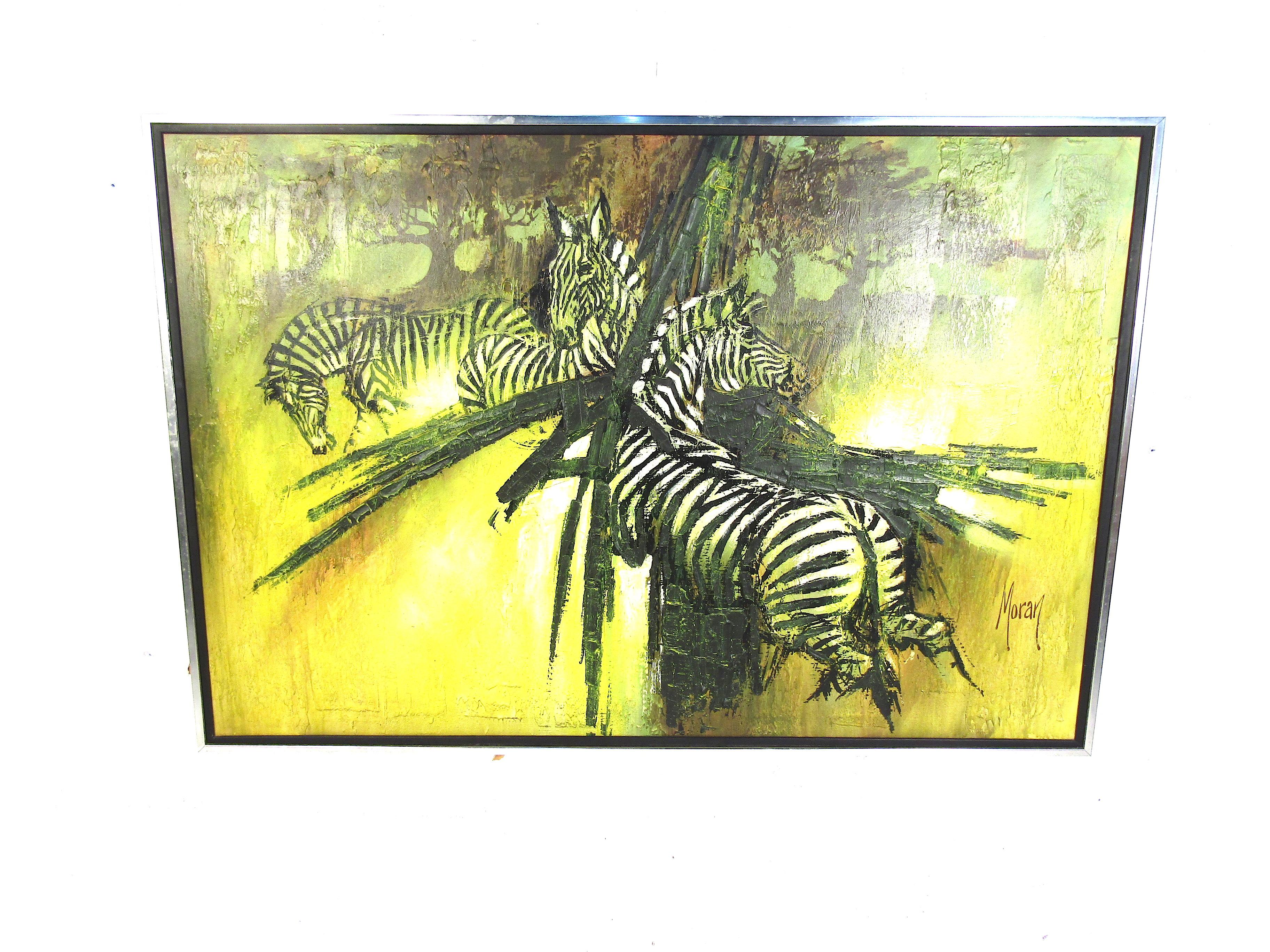 This large piece of wall art features bold colors and eye-catching lines. Painted on canvas this piece is sure to turn heads. Please confirm the item location with the dealer. (NJ/NY).