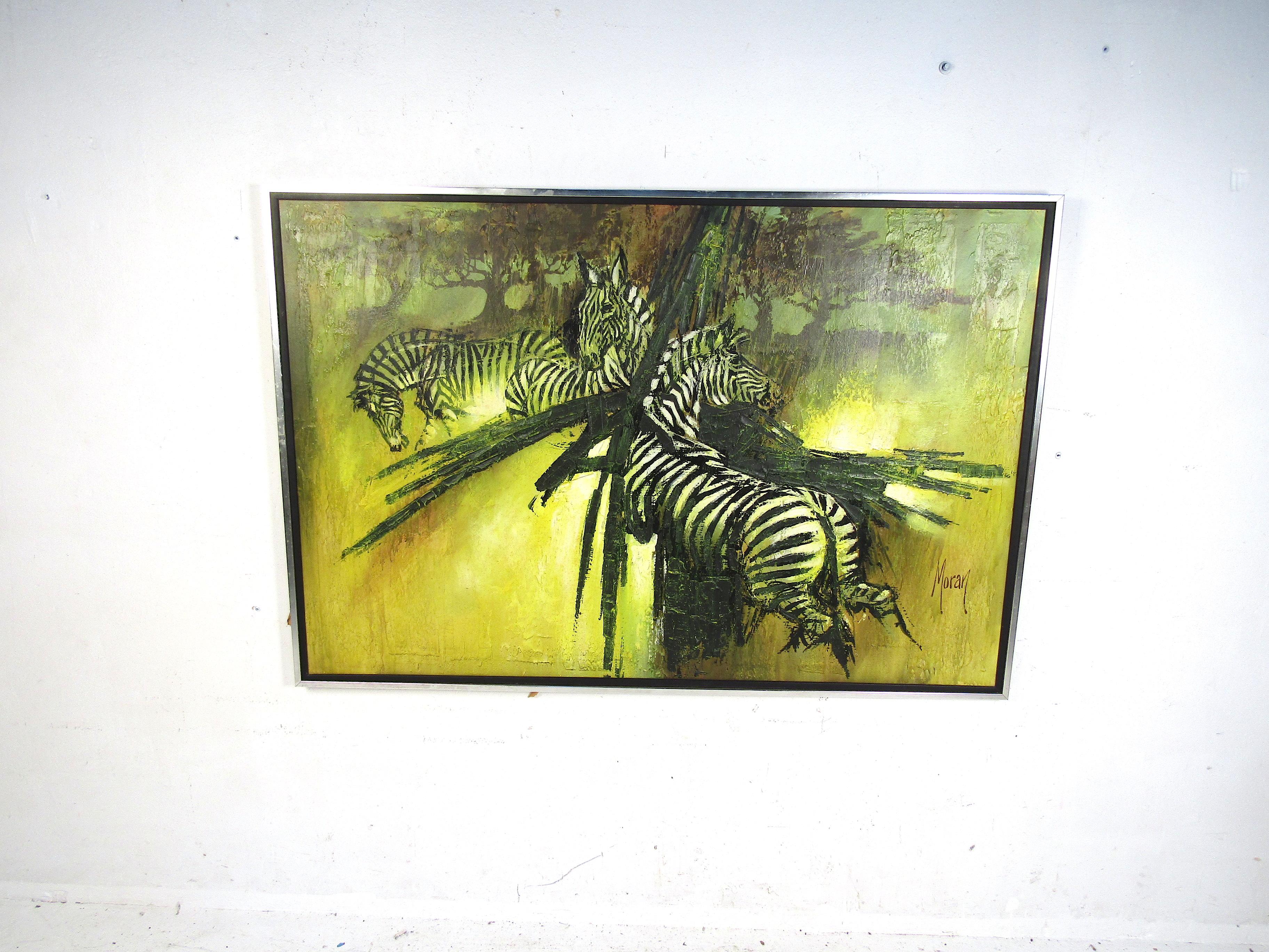 Mid-Century Modern Grande peinture à l'huile sur toile « Zebra » en vente