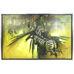 Vintage Large "Zebra" Oil Painting on Canvas