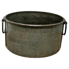 Antique Large Zinc and Iron Cauldron Log Basket  This is a large galvanised pot  