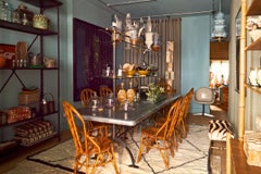 Large Zinc-Top Display Table, Cast Iron Base, Adjustable Glass Shelves