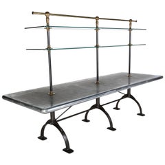 Large Zinc-Top Display Table, Cast Iron Base, Adjustable Glass Shelves