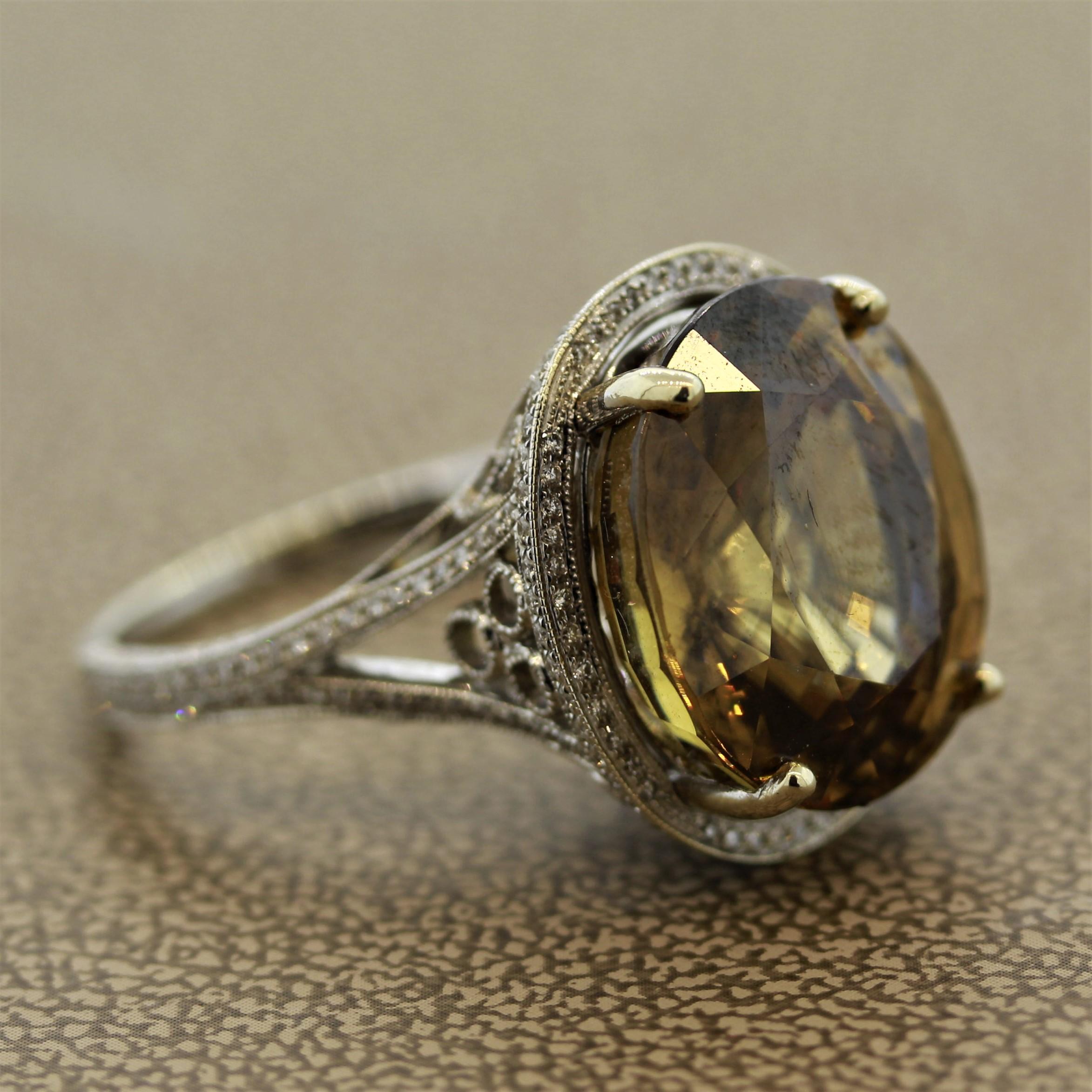 Large Zircon Diamond Gold Cocktail Ring For Sale 1