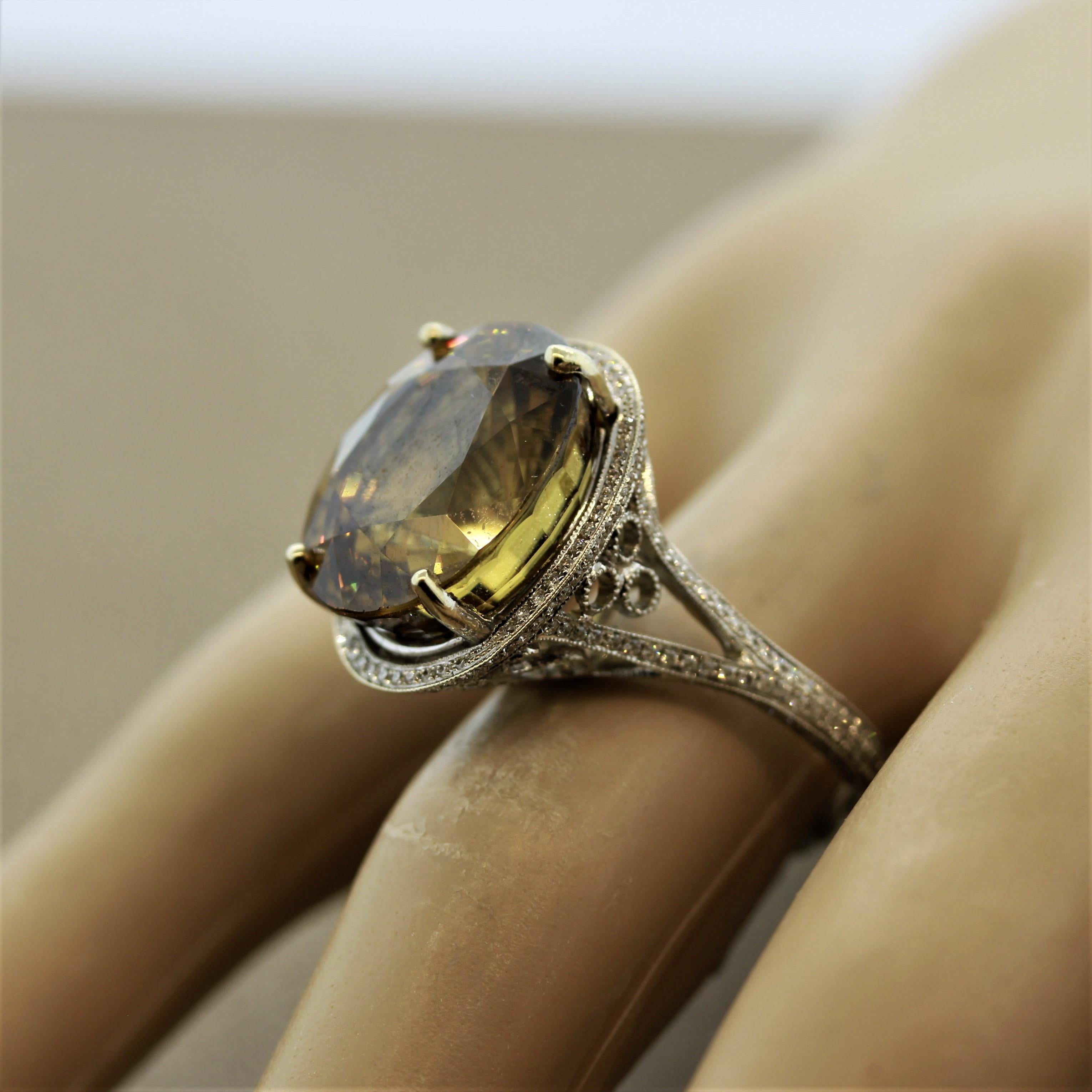 Large Zircon Diamond Gold Cocktail Ring For Sale 2